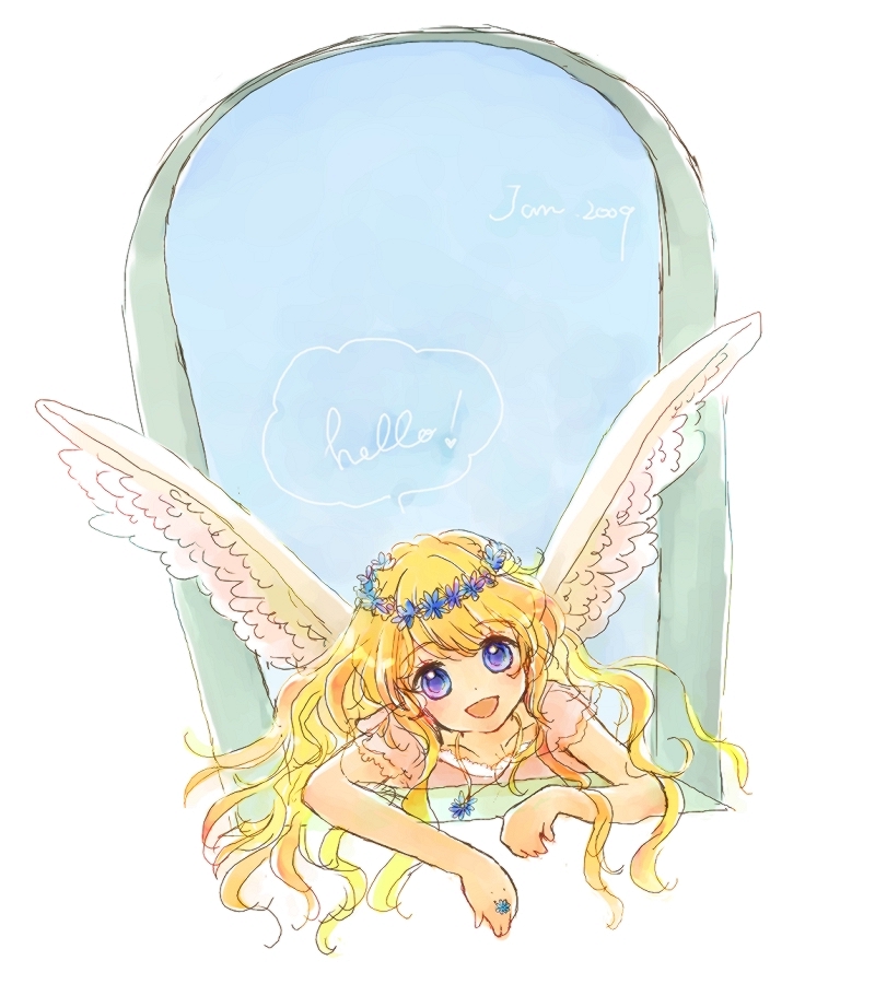 blue daisy, original, angel, blonde hair, blue eyes, flower, jewelry, long hair, pendant, solo, wings