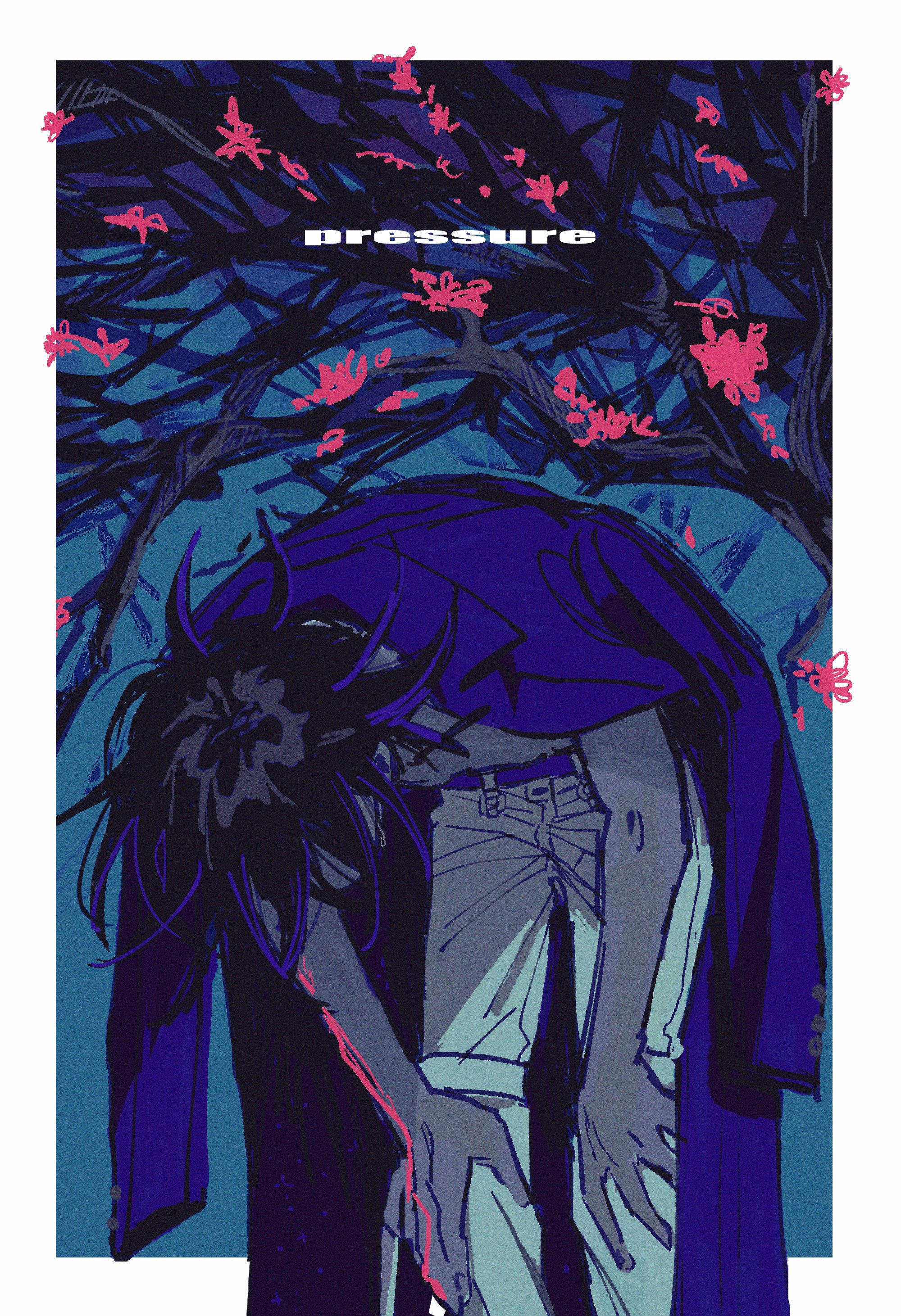 ff9900, oma kokichi, danganronpa (series), danganronpa v3: killing harmony, absurdres, commentary, english commentary, highres, 1boy, bent over, black hair, blue background, blue theme, border, branch, english text, flipped hair, hands on own knees, jacket, jacket on shoulders, male focus, no scarf, pants, short hair, solo, standing, thigh strap, tree, white border, white pants