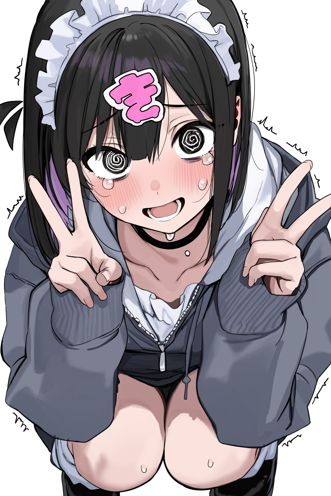 rouka (akatyann), indie virtual youtuber, commentary request, highres, 1girl, @ @, black choker, black eyes, blush, choker, collarbone, colored inner hair, double v, embarrassed, furrowed brow, grey jacket, hood, hood down, hooded jacket, hoodie, jacket, kizetsu-chan, long sleeves, looking at viewer, maid headdress, multicolored hair, open mouth, purple hair, ringed eyes, short hair, simple background, solo, squatting, tearing up, trembling, v, virtual youtuber, white background