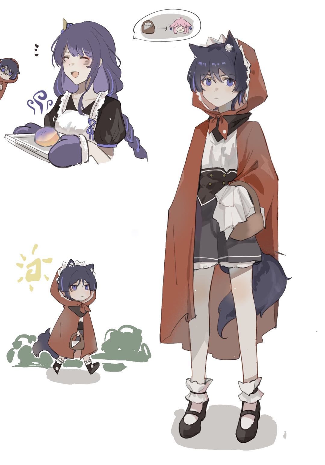 shimianaya, raiden shogun, scaramouche (genshin impact), yae miko, genshin impact, highres, 1boy, 1girl, alternate costume, animal ears, apron, arrow (symbol), bad food, bandana, basket, black bandana, black corset, black hair, black shoes, black shorts, black sleeves, blunt bangs, blunt ends, blush, braid, bush, cloak, closed eyes, closed mouth, corset, dog boy, dog ears, dog tail, eyeliner, eyeshadow, facing to the side, fan hair ornament, fox ears, frilled apron, frilled cloak, frilled hood, frills, full body, happy, holding, holding basket, holding tray, hood, hood up, hooded cloak, long hair, looking at another, looking at viewer, low-braided long hair, low-tied long hair, makeup, mary janes, mid-stride, mittens, mother and son, multicolored hair, notice lines, open mouth, oven mitts, picnic basket, pink hair, puffy sleeves, purple eyes, purple hair, purple mittens, red eyeliner, red eyeshadow, red hood, shaded face, shirt, shoes, short sleeves, shorts, single sidelock, spoken character, spoken object, standing, streaked hair, sun, swept bangs, tail, tray, white ankle cuffs, white apron, white background, white shirt, wispy bangs