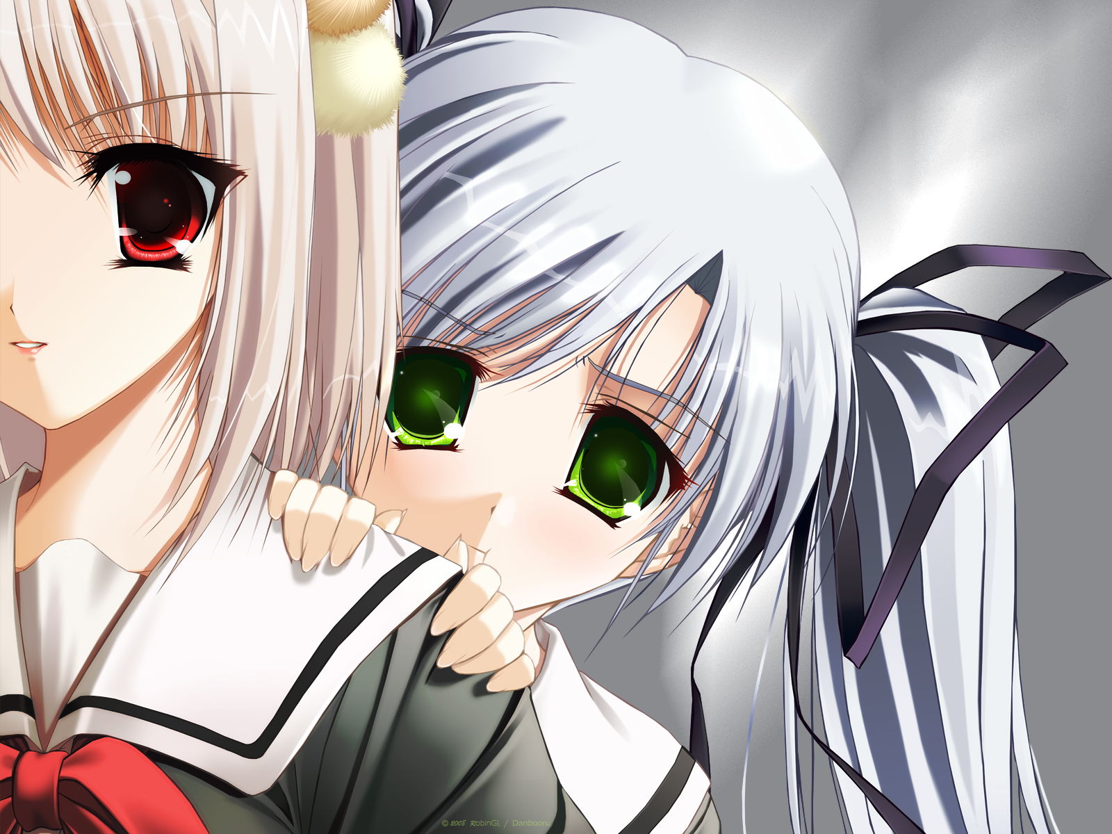 robingi, innocence pain, highres, 2girls, blonde hair, blue hair, fingernails, green eyes, multiple girls, nail (hardware), red eyes, ribbon, scared, school uniform, short hair, smile, twintails
