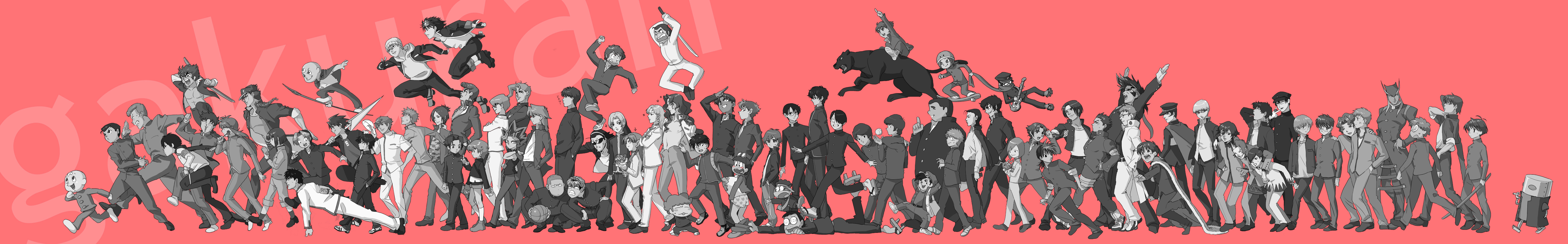 urayama, echizen ryooma, emiya shirou, fudou akira, fuuma kojirou, fuuma koujiro, goro (dokonjou gaeru), hanabishi rekka, harima kenji, hattori heiji, hayato (pop'n music), hibari kyouya, higashikata josuke, hiroshi (dokonjou gaeru), houraiji kyouchi, ichidou rei, ichijouji ken, ichimonji batsu, ippongi ryuuta, jedah dohma, jonouchi katsuya, kagami kyosuke, kaiba seto, kakyoin noriaki, kamiya kouichi, karino benzou, kiriyama kazuo, kojiro, komori taro, komori tarou, kori (shin hakkenden), kouno tooru, kurama (yu yu hakusho), kuroba kaito, kurosaki ichigo, kurosu jun, kururugi suzaku, kusanagi kei, kusanagi kyou, kuujou joutarou, kuwabara kazuma, kuzunoha raidou, matou shinji, mechazawa shin'ichi, mendou shuutarou, mihashi ren, mikura kazuma, minami itsuki, mishina eikichi, mitsuhashi takashi, moroboshi ataru, muto yugi, mutou kazuki, nakaji, narukami (matantei loki ragnarok), narukami yu, nobi nobita, pyonkichi, r tanaka ichirou, rokudou mukuro, rukawa kaede, sailor moon, saionji kaoru, saionji kyouichi, sakuragi hanamichi, seijuro shin, sengoku kiyosumi, sharaku hosuke, shibuya yuuri, shindou hikaru, shirahama ken'ichi, sumimura yoshimori, takashi mitsuhashi, tohno shiki, toudou naoya, touya akira, tsukino usagi, uesugi kazuya, uesugi tatsuya, umino gurio, urameshi yusuke, urameshi yuusuke, watanuki kimihiro, wormmon, yamada tarou, yami yugi, youko kurama, zera (litchi hikari club), air gear, atlus, babel ii, battle royale, bemani, bishoujo senshi sailor moon, bleach, busou renkin, capcom, chinyuki, code geass, darkstalkers, devil summoner (series), devilman, digimon, digimon adventure 02, dokaben, dokonjou gaeru, doraemon, eyeshield 21, fate/stay night, fate (series), fuuma no kojirou, fuuma no koujiro, gakuen heaven, ghost hound, high school! kimengumi, hikaru no go, jojo no kimyou na bouken, justice gakuen, katekyo hitman reborn!, kekkaishi, kiteretsu daihyakka, kyou kara maou!, kyou kara ore wa!!, kyuukyoku choujin r, litchi hikari club, matantei loki ragnarok, megami tensei, meitantei conan, melty blood, moero! justice gakuen, onegai teacher, ookiku furikabutte, osu! tatakae! ouendan, persona, persona 2, persona 2 tsumi, persona 4, pop'n music, princess princess, rekka no honoo, sakigake!! cromartie koukou, school rumble, shijou saikyou no deshi ken'ichi, shin hakkenden, shoujo kakumei utena, shounen jump, shueisha, slam dunk (series), snk, tennis no ouji-sama, the king of fighters, tokyo majin gakuen kenpucho, tokyo majin gakuen kenpuuchou, touch (manga), tsukihime, type-moon, urusei yatsura, xxxholic, yu-gi-oh!, yu-gi-oh! duel monsters, yuu yuu hakusho, absurdres, annotation request, highres, long image, wide image, 00s, 10s, 1990s (style), 6+boys, ?, banchou, black hair, crossover, delinquent, digimon (creature), dual persona, everyone, fingerless gloves, flower, fuma no kojirou, gakuran, gloves, headband, katsuya jonouchi, living clothes, long hair, lucky sengoku, male focus, manly, monochrome, multiple boys, multiple crossover, ouendan, pink background, pompadour, retro artstyle, rose, sakigake!! cromartie high school, school, school uniform, short hair, simple background, smile, sword, tokyo majin, trait connection, weapon