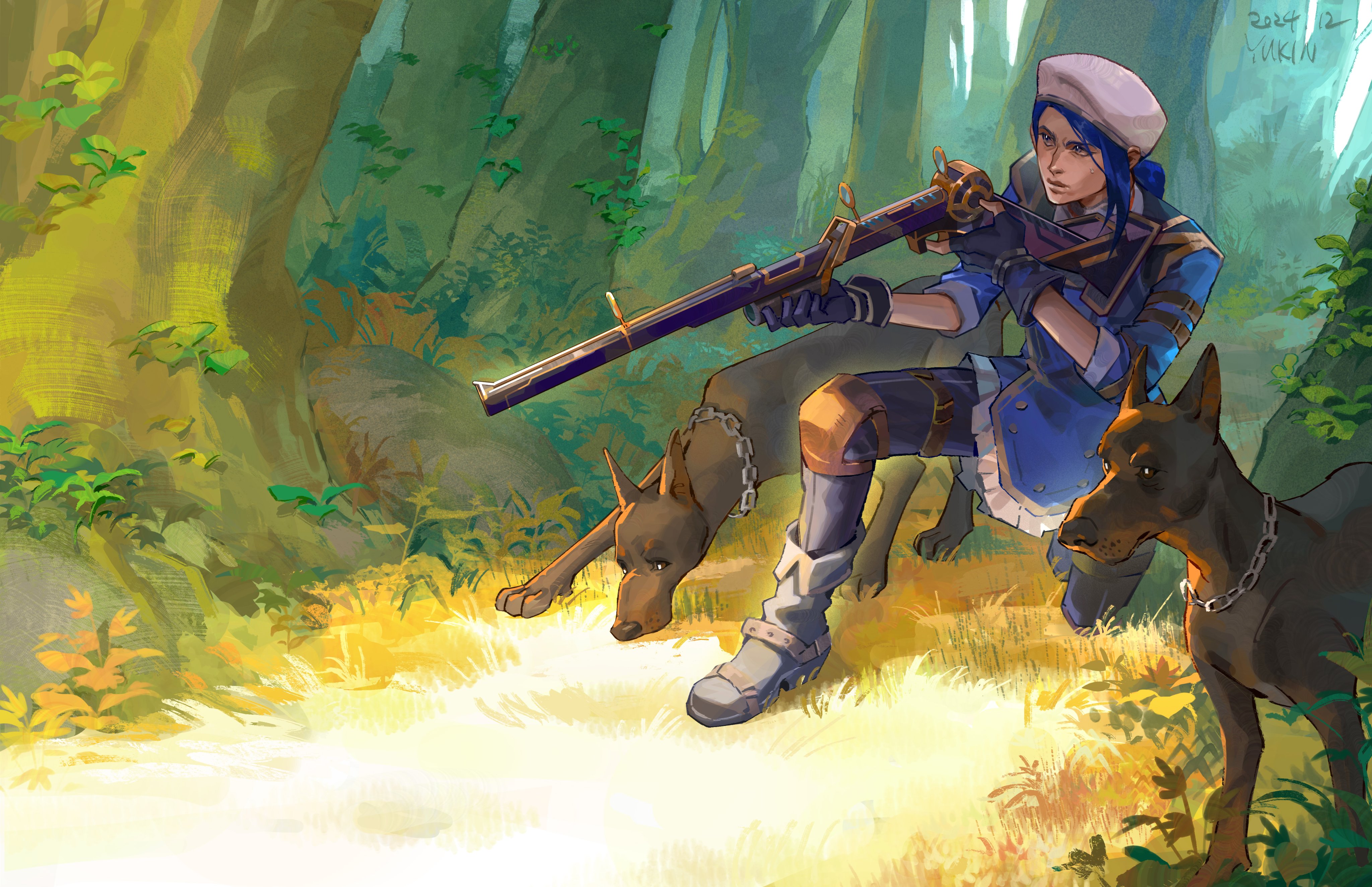 yukinnn, arcane caitlyn, caitlyn (league of legends), arcane: league of legends, league of legends, absurdres, highres, 1girl, artist name, asymmetrical gloves, beret, black gloves, blue dress, blue hair, chain collar, dated, dobermann, dog, dress, fingerless gloves, forest, furrowed brow, gloves, gun, hat, holding, holding gun, holding weapon, knee pads, low ponytail, military hat, military uniform, nature, on one knee, parted bangs, ponytail, weapon, white hat