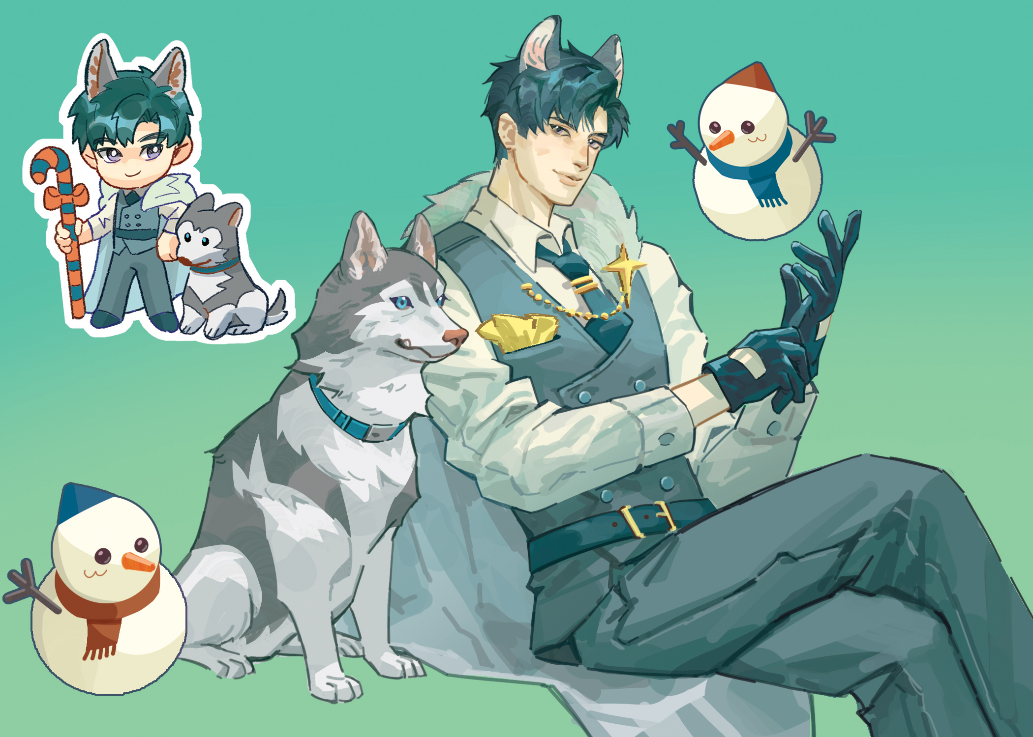 yukinnn, zayne (love and deepspace), love and deepspace, highres, 1boy, adjusting clothes, adjusting gloves, animal ears, aqua background, belt, belt buckle, black belt, black gloves, black hair, black necktie, blue hat, blue scarf, buckle, candy, candy cane, chibi, chibi inset, cloak, collared shirt, crossed legs, dog, dog boy, dog ears, food, fur-trimmed cloak, fur trim, gloves, grey pants, grey vest, hat, holding, holding candy, holding candy cane, holding food, husky, light smile, male focus, necktie, pants, parted bangs, pocket square, red hat, red scarf, scarf, shirt, short hair, snowman, tie clip, vest, white shirt