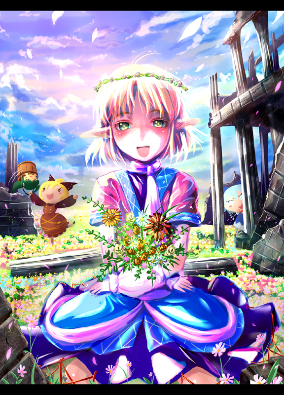 kabutoyama, cirno, kisume, kurodani yamame, mizuhashi parsee, perfect cherry blossom, touhou, 4girls, arm warmers, blonde hair, dress, female focus, flower, green eyes, letterboxed, multiple girls, nature, outdoors, petals, plant, pointy ears, ruins, scarf, sky