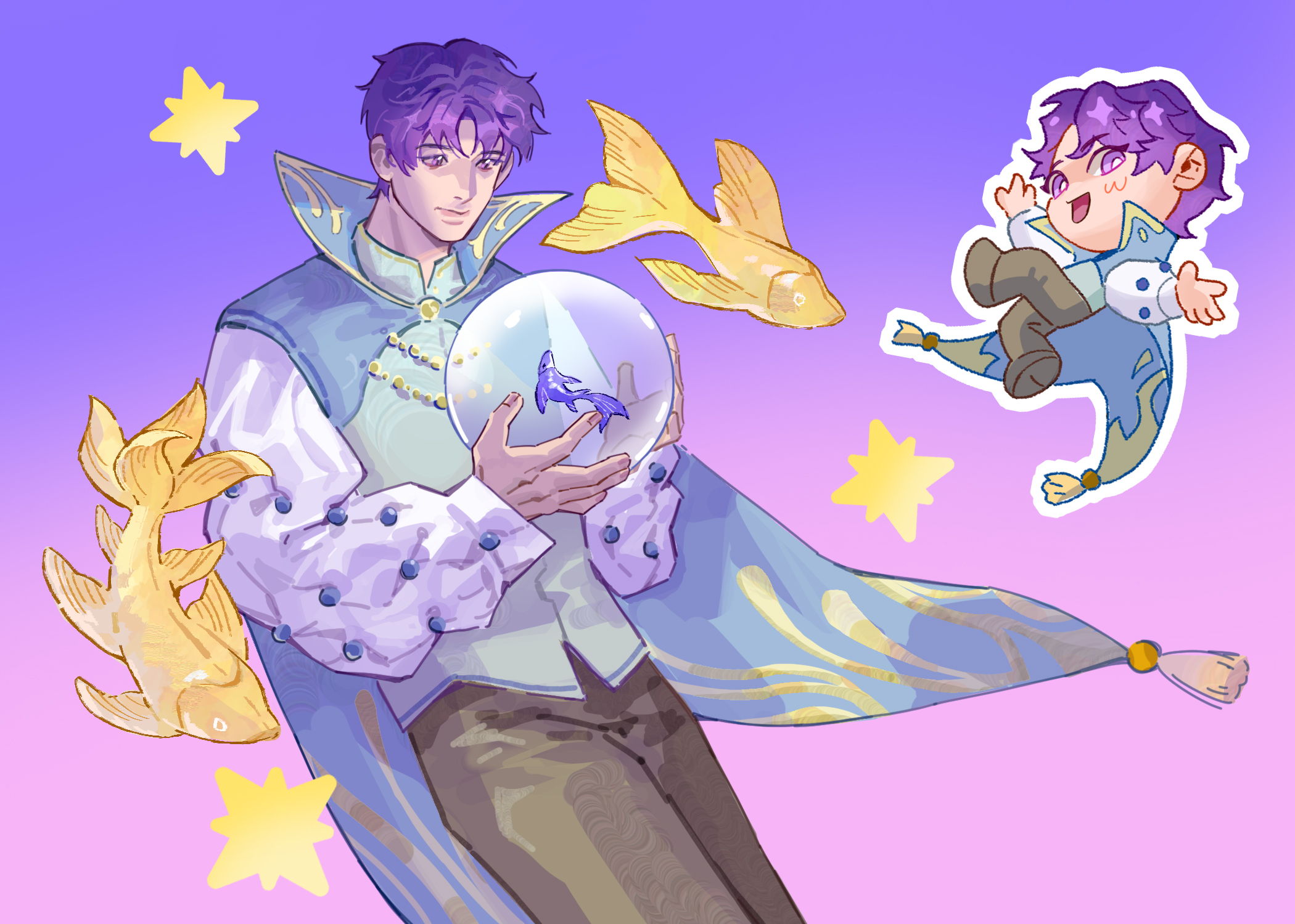 yukinnn, rafayel (love and deepspace), love and deepspace, highres, 1boy, blue cape, cape, chibi, chibi inset, closed mouth, fish, fishbowl, gold trim, goldfish, grey pants, male focus, open mouth, pants, popped collar, purple background, purple hair, shirt, short hair, smile, solo, tassel, white shirt