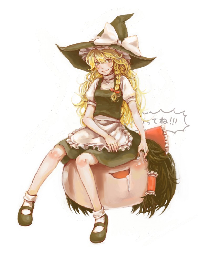 inu (wankosan), hakurei reimu, kirisame marisa, touhou, bad id, bad pixiv id, 1girl, blonde hair, braid, cheek pinching, female focus, pinching, saliva, sitting, sitting on face, sitting on person, solo, yukkuri shiteitte ne