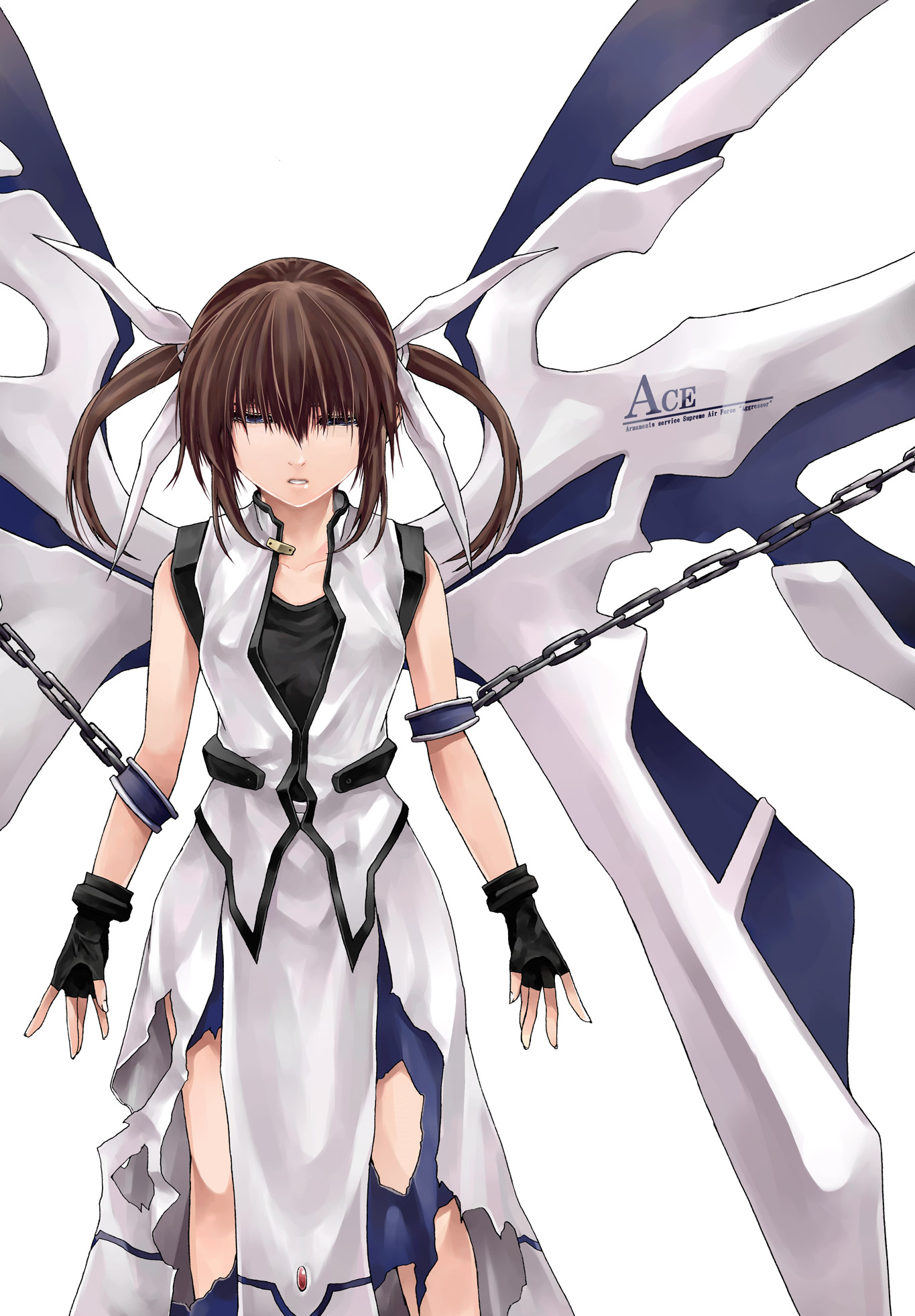 raid slash, takamachi nanoha, lyrical nanoha, mahou shoujo lyrical nanoha, highres, 00s, chain, fingerless gloves, gloves, solo, torn clothes, wings