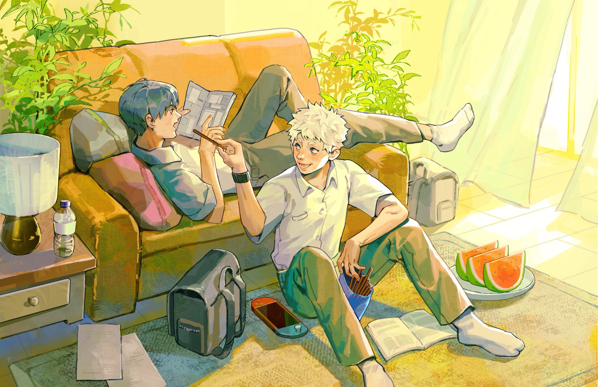 yukinnn, indou hikaru, tsujinaka yoshiki, hikaru ga shinda natsu, highres, 2boys, backpack, bag, black hair, bottle, collared shirt, couch, curtains, food, fruit, full body, grey pants, handheld game console, holding, holding food, holding pocky, indoors, lamp, looking at another, male focus, multiple boys, no shoes, open mouth, pants, plant, pocky, potted plant, reading, reclining, shirt, short hair, short sleeves, sitting, smile, socks, watch, water bottle, watermelon, watermelon slice, white hair, white shirt, white socks, wristwatch