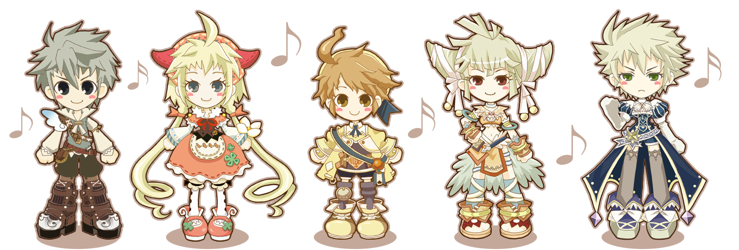 ajo (rolan666), allegretto, beat, beat (trusty bell), falsetto, polka (trusty bell), viola, trusty bell, silver hair, 2boys, 3girls, ahoge, antenna hair, armor, blonde hair, brown gloves, brown hair, chibi, cone hair bun, dress, full body, gloves, hair bun, long hair, long sleeves, looking at viewer, multiple boys, multiple girls, musical note, simple background, standing, twintails, very long hair, white background
