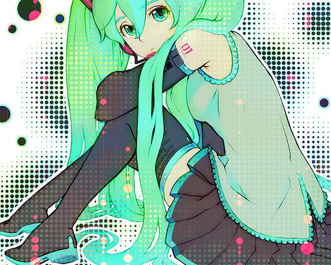 kaburaya, hatsune miku, vocaloid, bad id, bad pixiv id, detached sleeves, green eyes, green hair, headset, long hair, sitting, skirt, solo, thighhighs, twintails