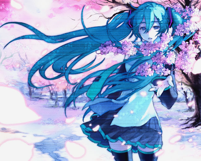 kaburaya, hatsune miku, vocaloid, bad id, bad pixiv id, cherry blossoms, detached sleeves, long hair, necktie, reaching, skirt, solo, thighhighs, twintails, wind