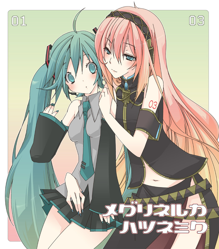 sakk, hatsune miku, megurine luka, vocaloid, aqua eyes, green hair, hairband, long hair, midriff, miniskirt, skirt, very long hair, yuri