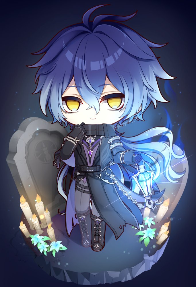 yukiyuki 441, flins (genshin impact), genshin impact, hashtag-only commentary, 1boy, antenna hair, black boots, black coat, black gloves, blue hair, boots, candle, chain, chibi, chibi only, closed mouth, coat, collared coat, full body, gloves, gradient hair, grey pants, hair between eyes, high collar, holding, holding lantern, lantern, long hair, long sleeves, looking at viewer, male focus, multicolored hair, no pupils, pants, smile, solo, standing, tombstone, yellow eyes
