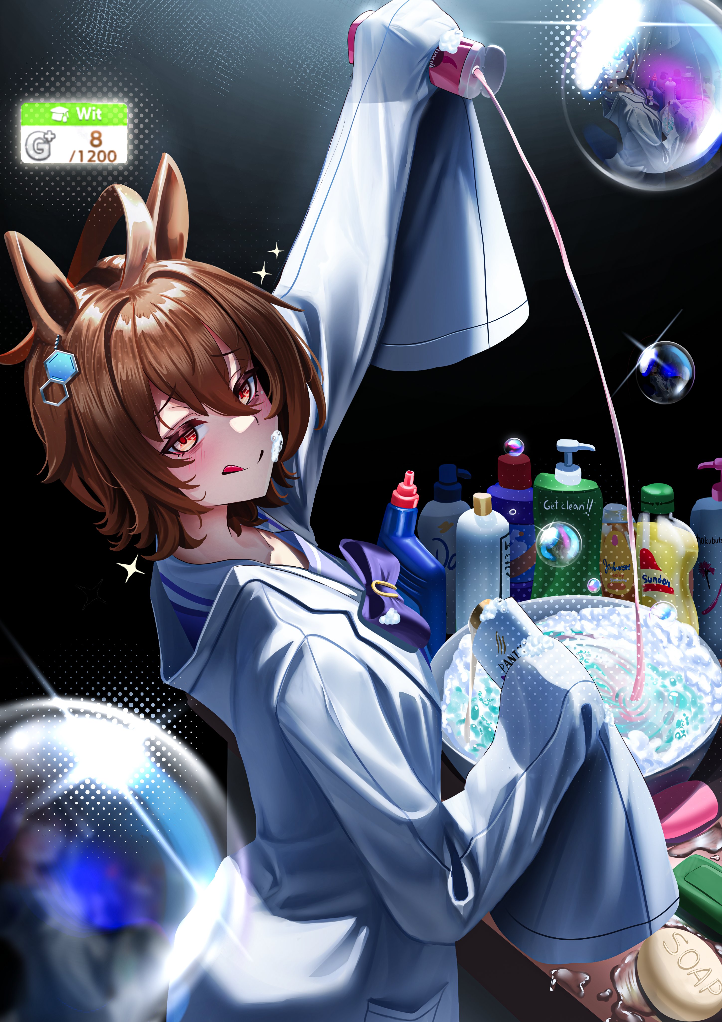 manjo (warito), agnes tachyon (tach-nology) (umamusume), agnes tachyon (umamusume), umamusume, absurdres, highres, 1girl, ahoge, animal ears, bottle, bow, brown hair, closed mouth, gameplay mechanics, hair between eyes, holding, holding bottle, horse ears, horse girl, lab coat, licking lips, looking at viewer, purple bow, purple sailor collar, red eyes, sailor collar, school uniform, short hair, sleeves past fingers, sleeves past wrists, smile, soap, solo, tongue, tongue out, tracen school uniform