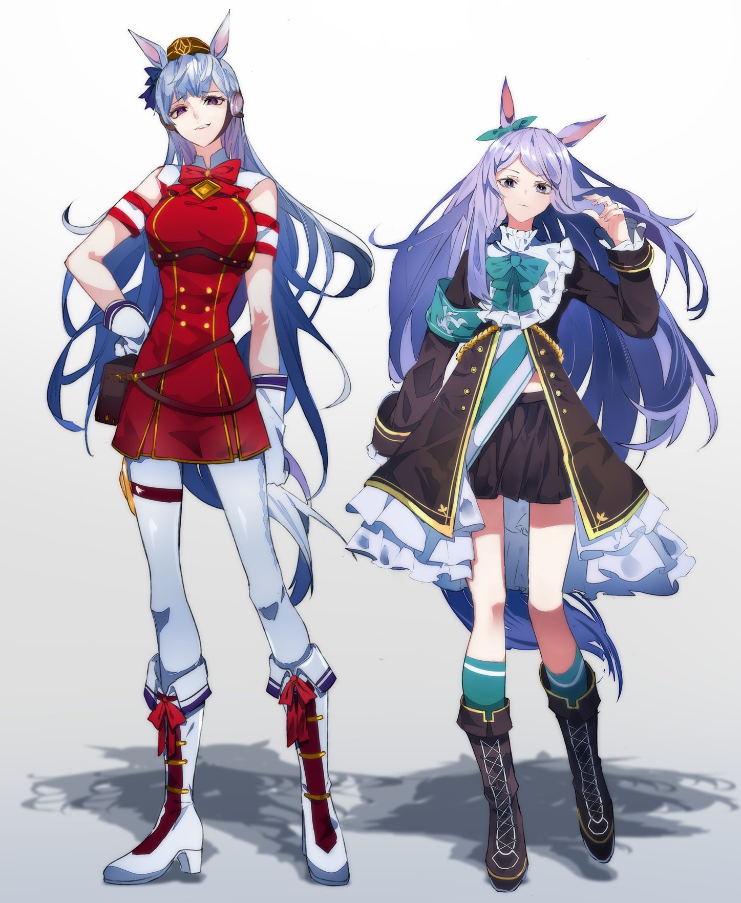 ikurauni, gold ship (red strife) (umamusume), gold ship (umamusume), mejiro mcqueen (frontline elegance) (umamusume), mejiro mcqueen (umamusume), umamusume, commentary, highres, 2girls, animal ears, armband, belt pouch, black boots, black coat, black skirt, boots, bow, bowtie, breasts, brown hat, buttons, closed mouth, coat, dress, ear bow, full body, gloves, green armband, green bow, green bowtie, green skirt, green socks, grey hair, grin, hand in own hair, hat, high heels, horse ears, horse girl, horse tail, kneehighs, lace-up boots, large breasts, leggings, long hair, long sleeves, looking at viewer, multiple girls, pillbox hat, pleated skirt, pouch, purple eyes, purple hair, red bow, red bowtie, red dress, shadow, shirt, simple background, skirt, sleeveless, sleeveless dress, smile, socks, standing, striped clothes, striped shirt, tail, very long hair, white background, white boots, white gloves, white leggings, white shirt