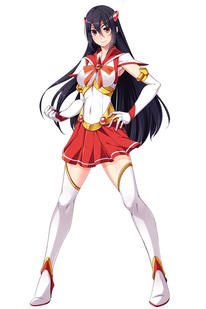 nana g, hizaki kureha, sailor element, game cg, highres, large variant set, non-web source, official art, variant set, 1girl, black hair, blush, boots, breasts, brown eyes, clenched hand, covered navel, elbow gloves, full body, gloves, hair between eyes, hair ornament, hand on own hip, high heels, long hair, looking at viewer, magical girl, medium breasts, miniskirt, pleated skirt, red eyes, red sailor collar, red skirt, sailor collar, sailor ignis (sailor element), sailor senshi uniform, skirt, smile, solo, standing, tachi-e, thigh boots, thighhighs, transparent background, very long hair, white gloves, white thighhighs, zettai ryouiki