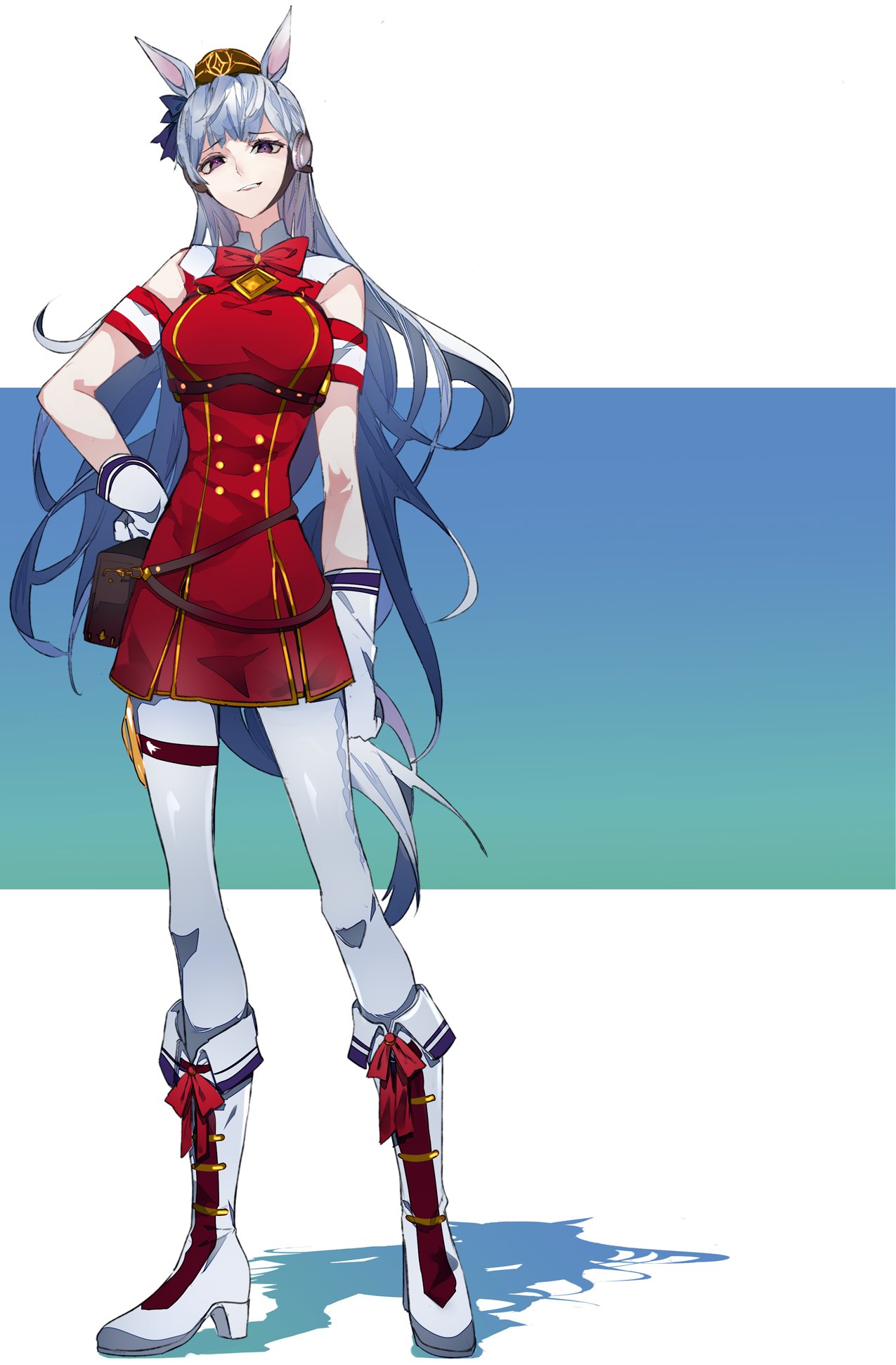 ikurauni, gold ship (red strife) (umamusume), gold ship (umamusume), umamusume, commentary request, highres, 1girl, animal ears, armband, belt pouch, black skirt, boots, bow, bowtie, breasts, brown hat, buttons, dress, ear bow, full body, gloves, grey hair, grin, hat, high heel, horse ears, horse girl, horse tail, large breasts, leggings, long hair, looking at viewer, pillbox hat, pleated skirt, pouch, purple eyes, red bow, red bowtie, red dress, shadow, shirt, skirt, sleeveless, sleeveless dress, smile, solo, standing, striped clothes, striped shirt, tail, very long hair, white boots, white gloves, white leggings