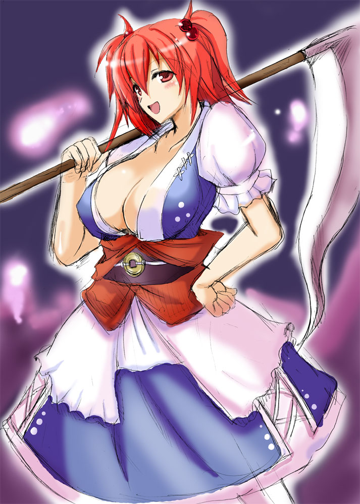yasakani an, onozuka komachi, touhou, 1girl, breasts, cleavage, dress, female focus, gradient background, hair bobbles, hair ornament, huge breasts, open mouth, red eyes, red hair, scythe, solo, twintails, two side up