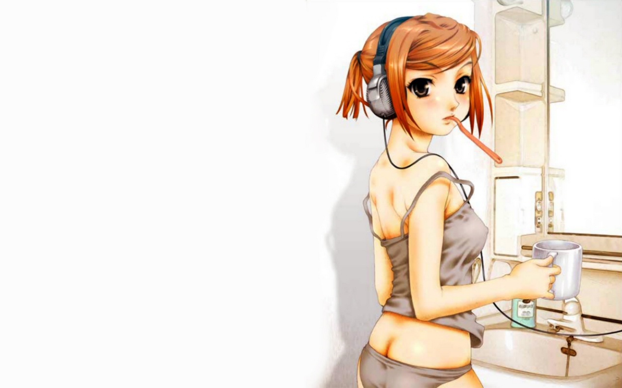 azumi amane, soshina nohito, 1girl, bathroom, breasts, butt crack, camisole, covered erect nipples, cup, female focus, headphones, lingerie, looking back, medium breasts, mirror, mouth hold, orange hair, panties, ponytail, short hair, sink, solo, strap slip, toothbrush, underwear