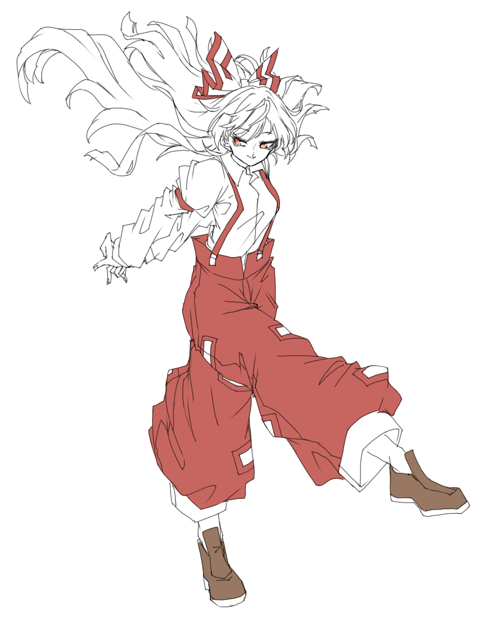 isagi, fujiwara no mokou, touhou, highres, 1girl, armband, arms behind back, bow, brown shoes, full body, hair bow, limited palette, long hair, pants, red eyes, red pants, shirt, shoes, simple background, solo, suspenders, white background, white hair, white shirt