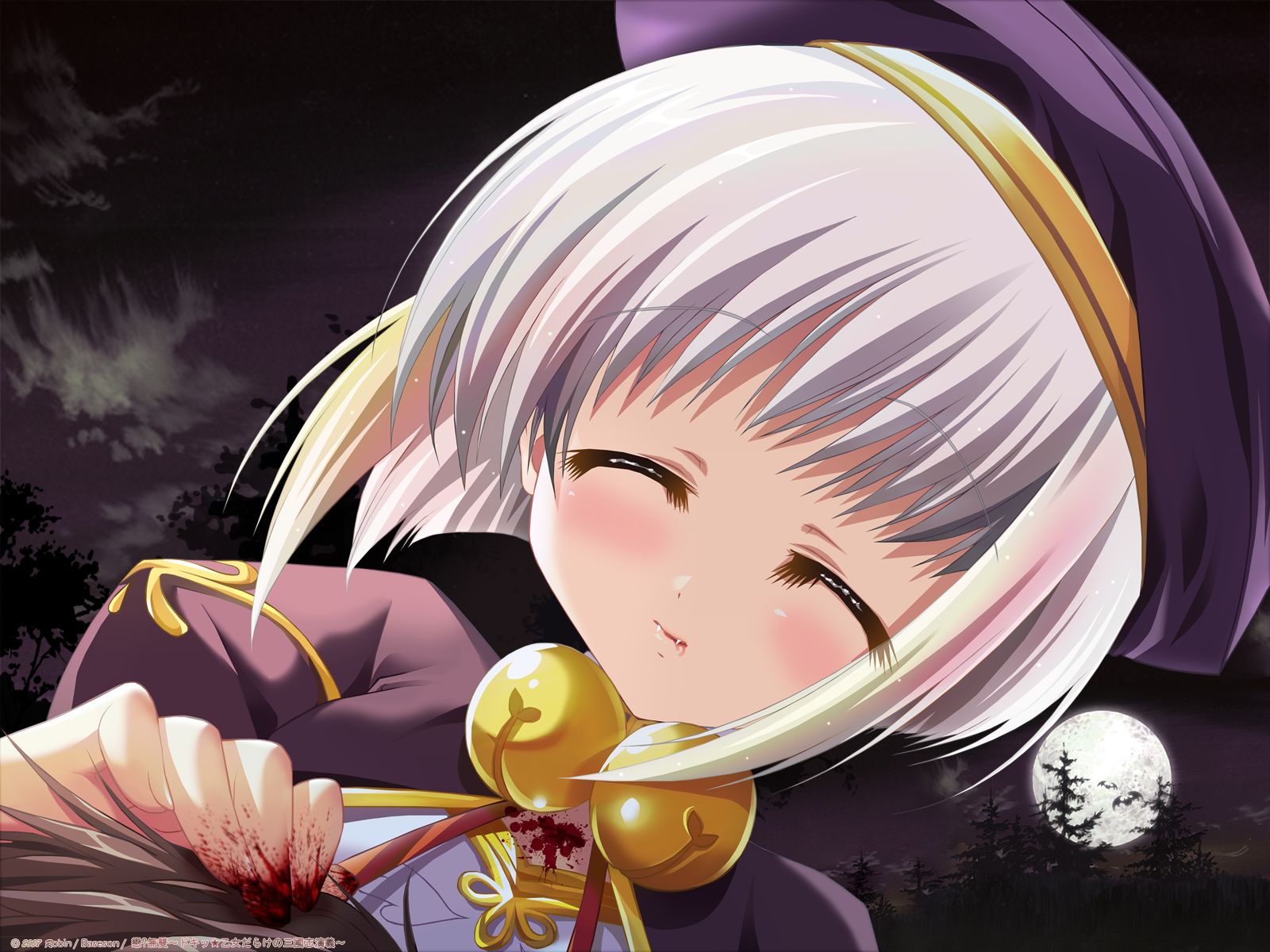 robingi, shokatsuryou (koihime musou), koihime musou, highres, 00s, bat (animal), blood, closed eyes, fangs, forest, full moon, moon, nature, smile, solo, white hair