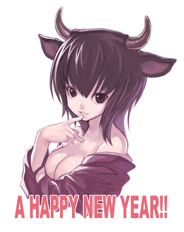 kiran (kiranpln), 00s, 1girl, 2009, animal ears, bare shoulders, black eyes, black hair, breasts, cow ears, english text, female focus, horns, japanese clothes, new year, short hair, simple background, smile, solo