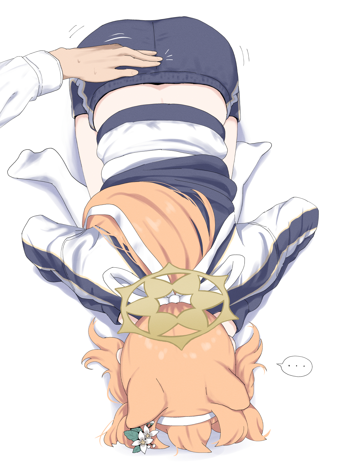 unamaso, mari (blue archive), mari (track) (blue archive), blue archive, highres, …, 1girl, animal ears, black shorts, cat ears, face down, flower, from above, full body, hair flower, hair ornament, hairband, halo, jacket, long hair, long sleeves, no shoes, orange hair, shorts, simple background, solo focus, spoken ellipsis, track jacket, white background, white hairband, yellow halo