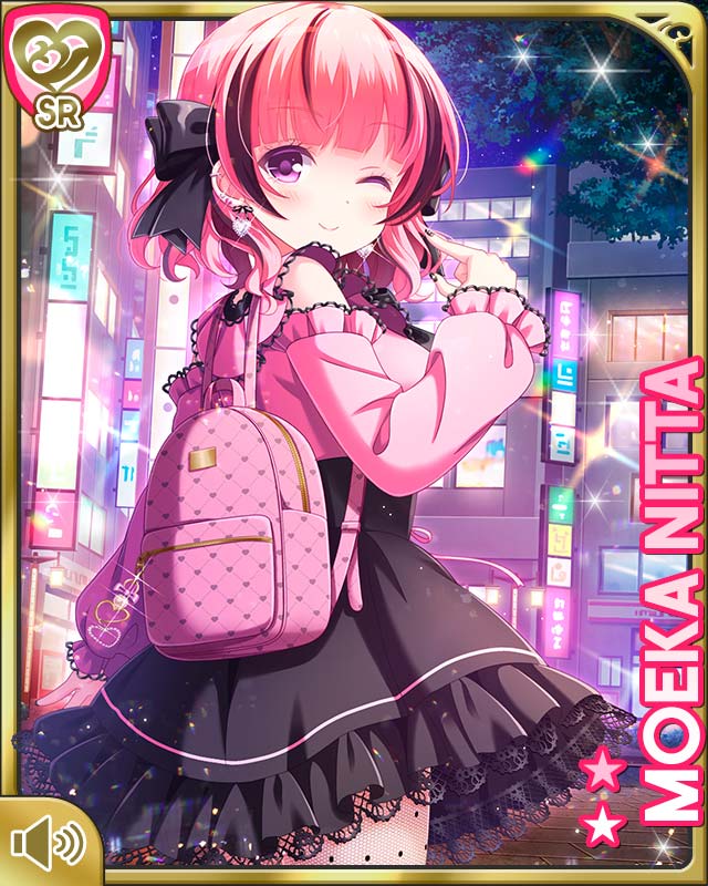 qp:flapper, nitta moeka, girlfriend (kari), official art, 1girl, backpack, bag, black bow, black dress, bow, character name, city, closed mouth, dress, one eye closed, outdoors, pantyhose, pink hair, pink shirt, polka dot, polka dot pantyhose, purple eyes, shirt, short hair, smile, solo, standing, thighhighs