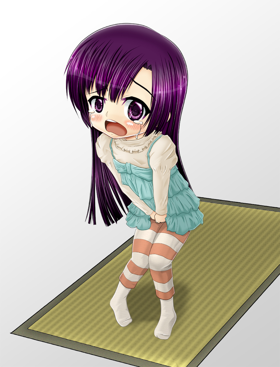 nikka (pixiv5589), sakurai (waruten), kuhouin murasaki, kure-nai, kurenai, 00s, 1girl, female focus, have to pee, long hair, purple eyes, purple hair, socks, solo, striped clothes, striped socks, tears