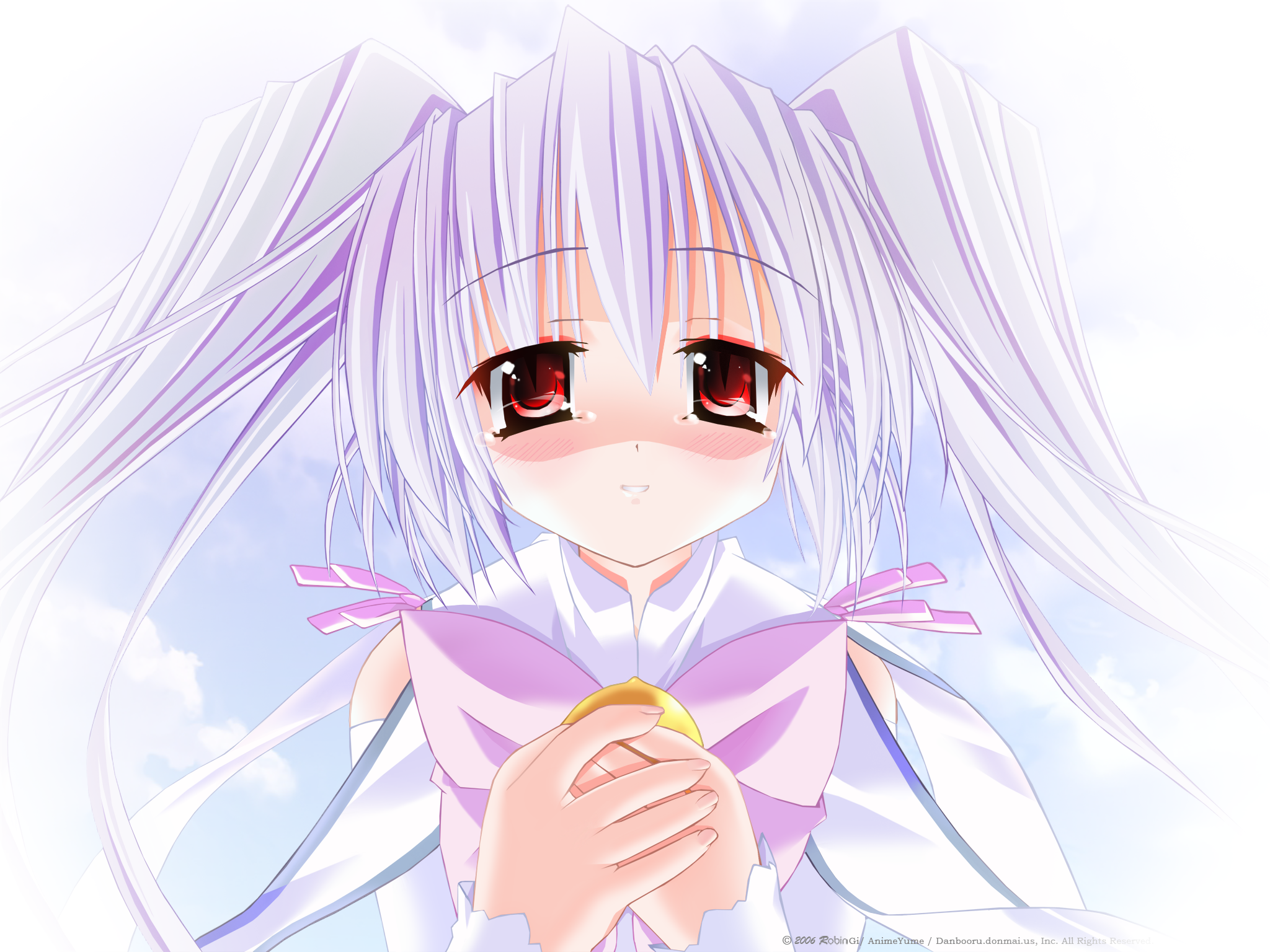 robingi, character request, highres, source request, 1girl, blue hair, blue sky, blush, cloud, cloudy sky, dress, female focus, long hair, long sleeves, looking at viewer, parted lips, red eyes, sky, smile, solo, twintails, white dress