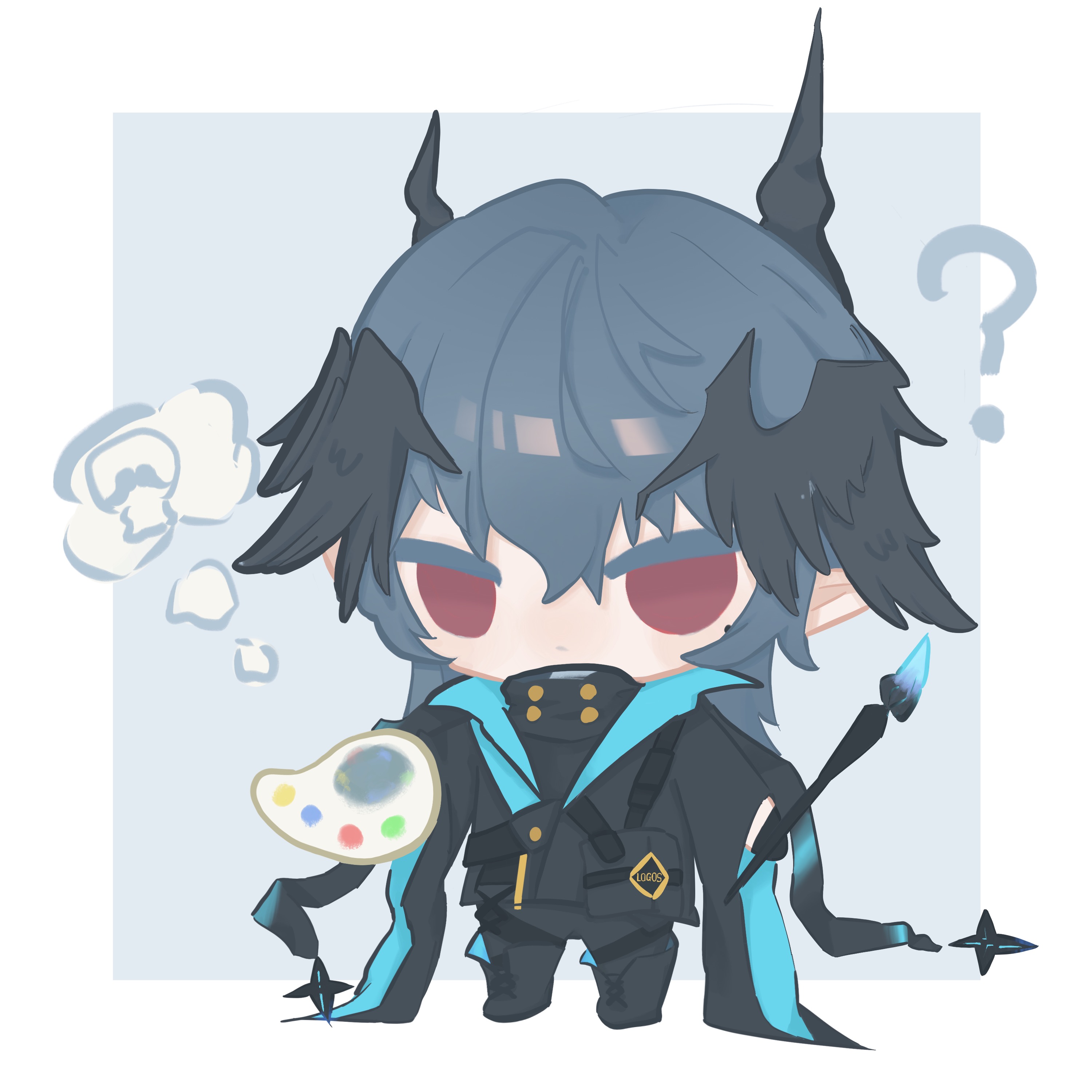 logos (arknights), arknights, absurdres, highres, 1boy, ?, black boots, black gloves, black jacket, black pants, black wings, boots, character name, chibi, feathered wings, gloves, grey hair, head wings, high collar, holding, holding paint palette, holding paintbrush, horns, jacket, jinghucha, male focus, mole, mole under eye, paint palette, paintbrush, pants, red eyes, speech bubble, thought bubble, wings