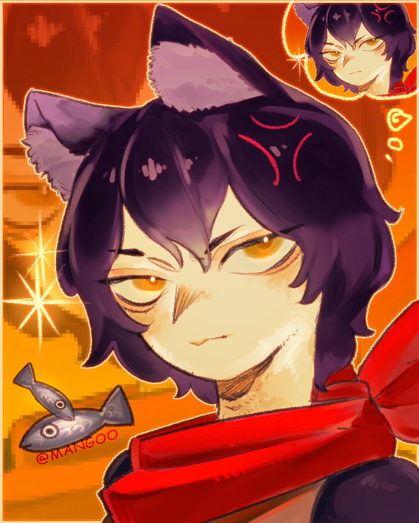dungeon meshi, highres, 1girl, anger vein, animal ears, black hair, cat ears, cat girl, fish, image in thought bubble, mangoo099, red scarf, scarf, short hair, solo, sparkle, speech bubble, thought bubble, yellow eyes