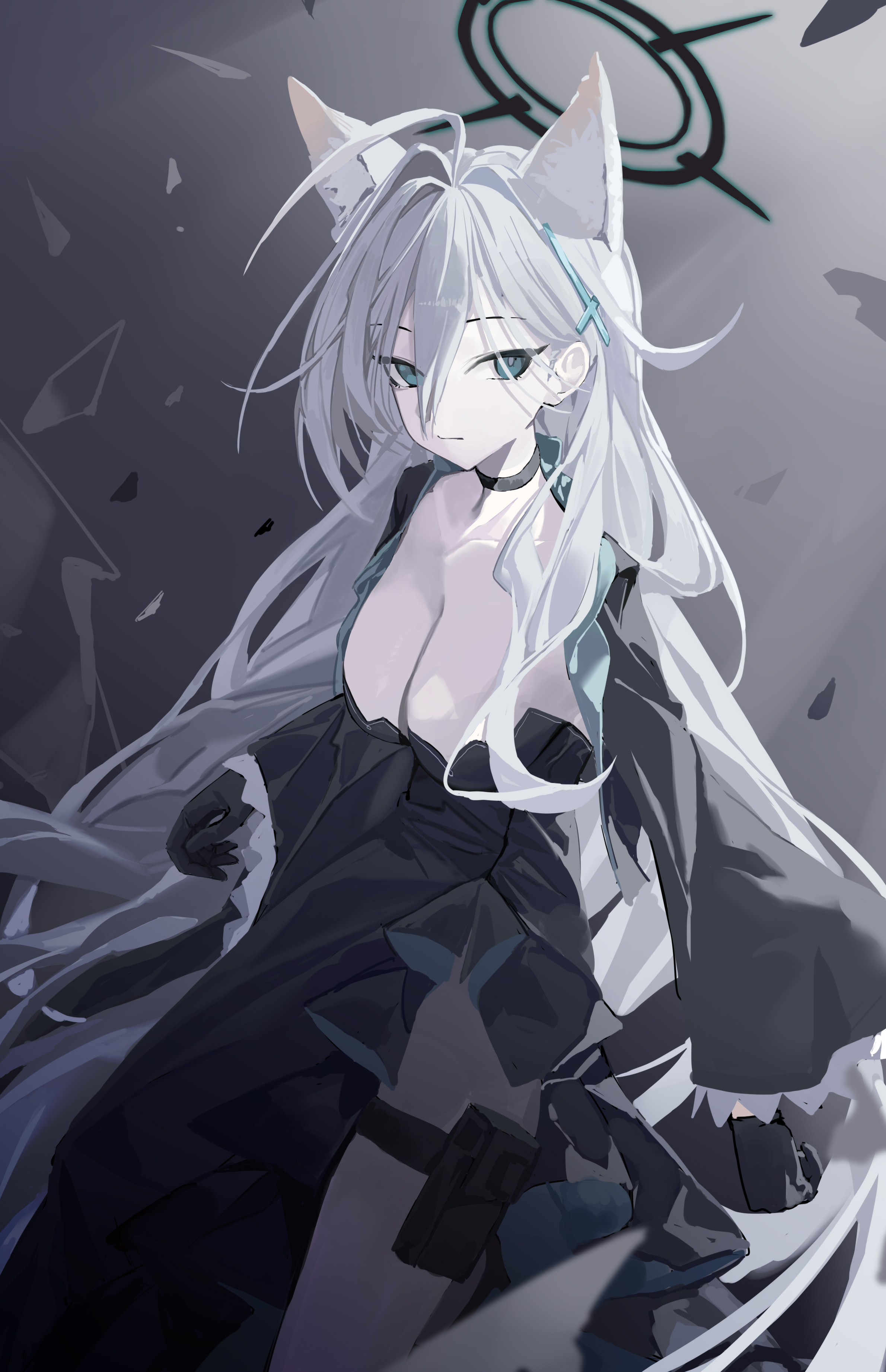 zhihuigugudegezi, shiroko terror (blue archive), blue archive, absurdres, highres, 1girl, animal ear fluff, black choker, black dress, blue eyes, blue halo, breasts, choker, cleavage, cross hair ornament, dress, extra ears, grey hair, hair between eyes, hair ornament, halo, large breasts, long hair, low neckline, sidelocks, solo, tail, wolf girl