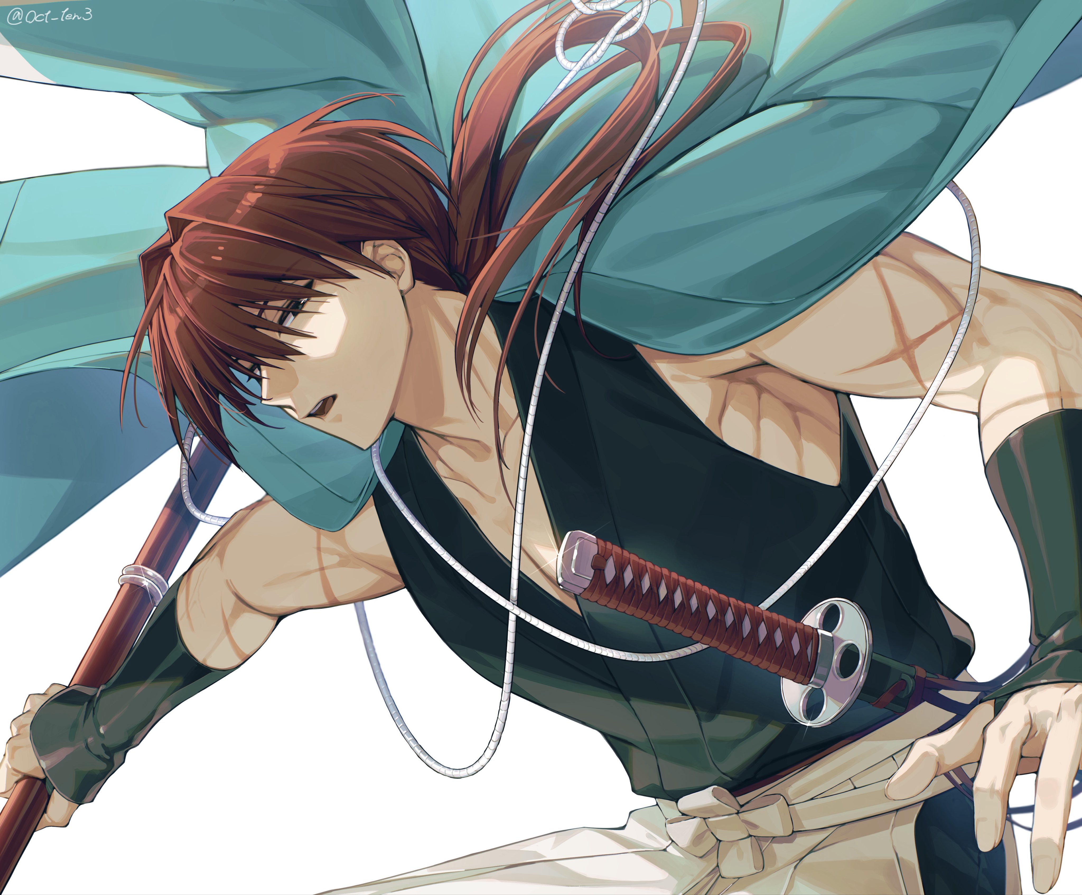 harada sanosuke (fate), fate/grand order, fate (series), absurdres, highres, 1boy, black kimono, blue haori, hakama, haori, haori on shoulders, harada sanosuke (teal haori and hakama) (fate), holding, holding polearm, holding weapon, japanese clothes, katana, kimono, long hair, low ponytail, multiple scars, oct ten3, polearm, ponytail, red hair, scar, scar on arm, sheath, sheathed, shinsengumi, sleeveless, sleeveless kimono, solo, sword, weapon, white hakama