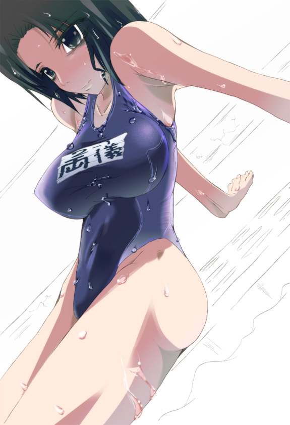oborozuki, rougetsu (eclipse), 1girl, arm support, black hair, breasts, dutch angle, female focus, one-piece swimsuit, school swimsuit, slide, solo, swimsuit, wet