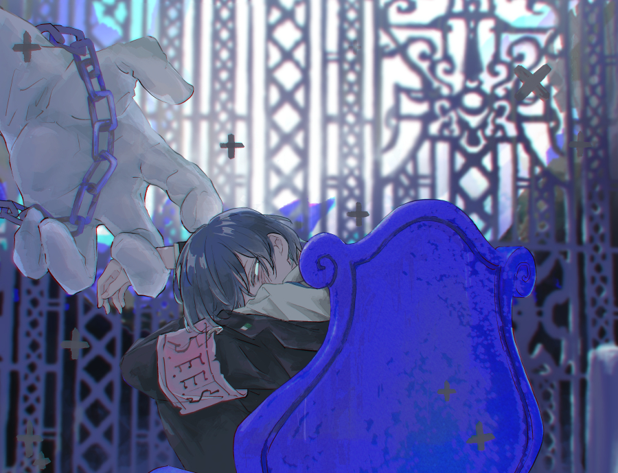 sumino suito, thanatos (persona), yuuki makoto (persona 3), persona, persona 3, commentary request, 1boy, armband, black jacket, black pants, blue hair, blurry, blurry background, chain, chair, chromatic aberration, covered mouth, feet out of frame, giant hand, hair over one eye, hand up, head on knees, holding another's wrist, jacket, jacket partially removed, knees to chest, no pupils, on chair, out of frame, pants, red armband, s.e.e.s, shirt, short hair, velvet room, white eyes, white shirt