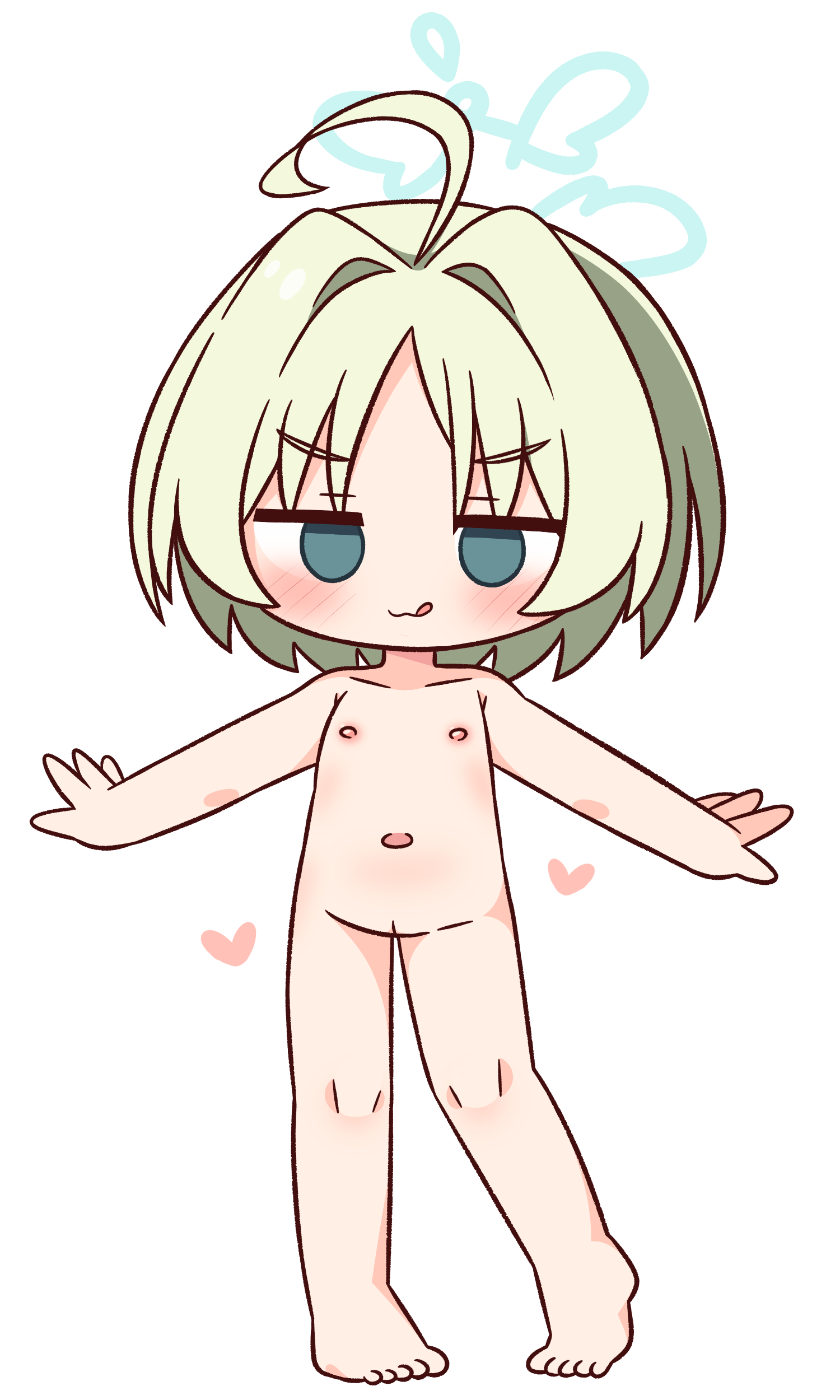 hana kazari, ritsu (blue archive), blue archive, absurdres, highres, 1girl, :3, ahoge, barefoot, blue eyes, blush, chibi, cleft of venus, flat chest, full body, green hair, groin, hair intakes, halo, heart, licking lips, looking at viewer, navel, nipples, nude, pussy, simple background, solo, standing, tongue, tongue out, v-shaped eyebrows, white background