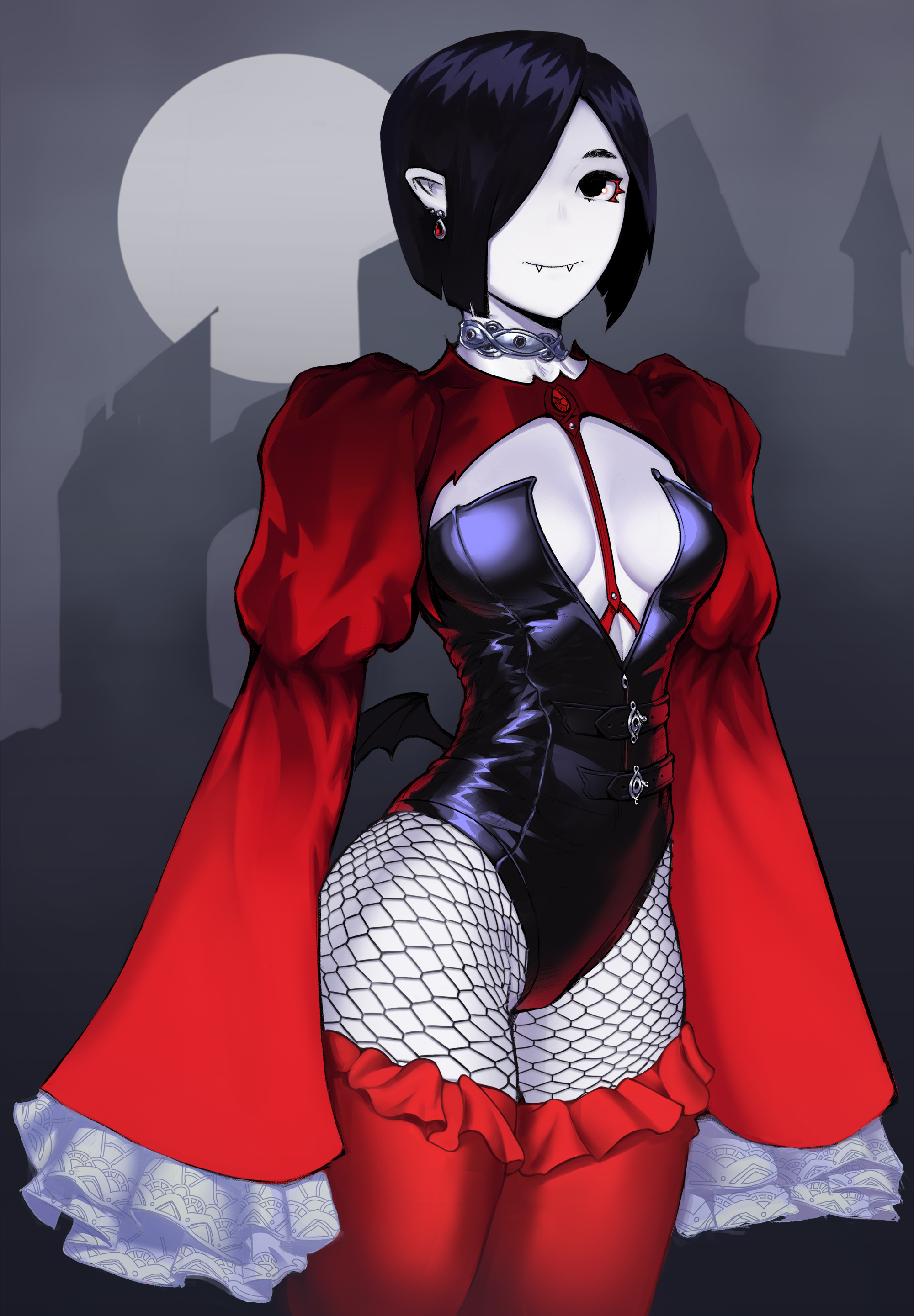 klinck foster, original, absurdres, commentary, english commentary, highres, 1girl, black eyes, black hair, black leotard, breasts, cleavage, earrings, fangs, fishnet pantyhose, fishnets, frilled thighhighs, frills, hair over one eye, jewelry, leotard, looking at viewer, moon, pantyhose, pointy ears, red thighhighs, short hair, sleeves past fingers, sleeves past wrists, smile, solo, thighhighs, thighhighs over pantyhose, vampire