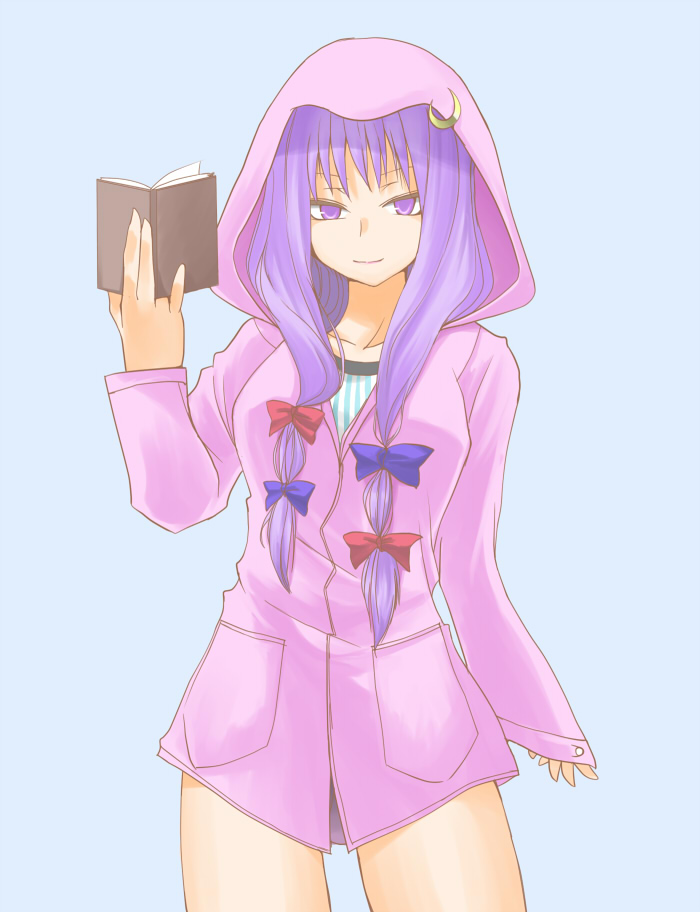 hane (hanegoya), patchouli knowledge, touhou, 1girl, blue bow, book, bottomless, bow, buttons, crescent, crescent hair ornament, female focus, hair bow, hair ornament, hair ribbon, hood, hooded jacket, jacket, long hair, long sleeves, looking at viewer, moon, multiple hair bows, no pants, panties, pink jacket, pocket, purple eyes, purple hair, purple panties, red bow, ribbon, shirt, sleeves past wrists, smile, solo, striped clothes, striped shirt, tress ribbon, underwear