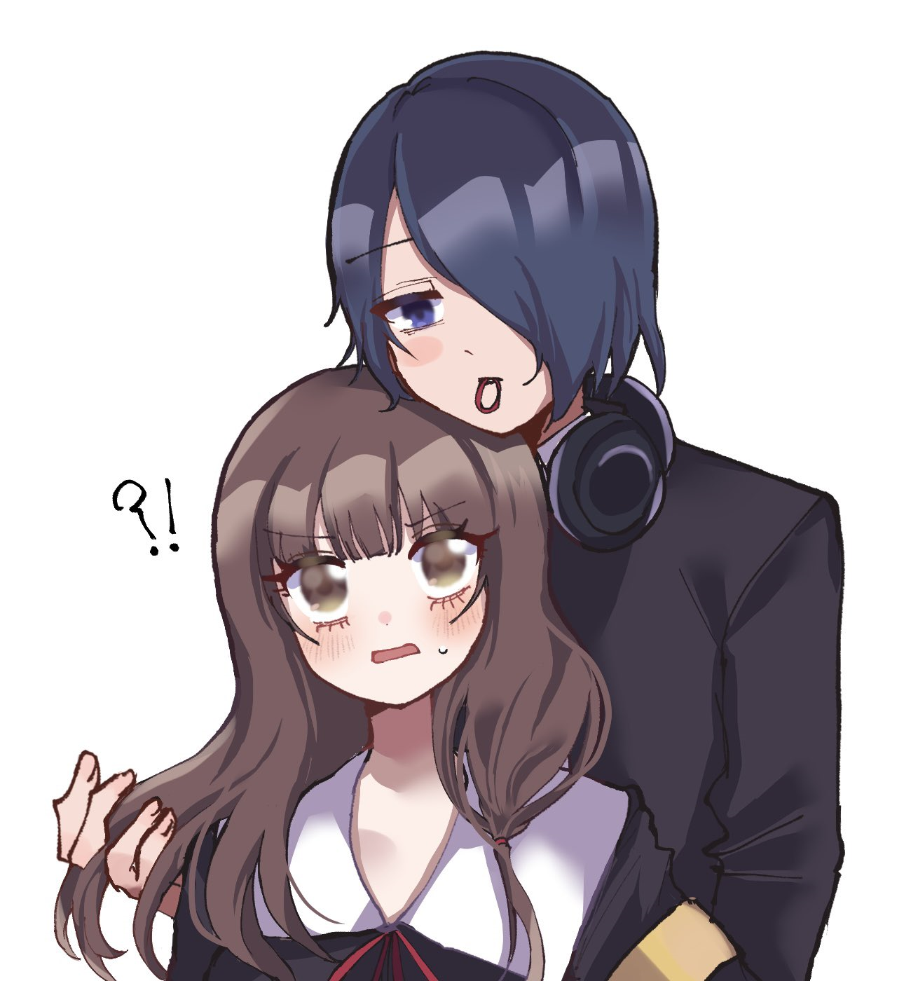 n1ku22a, iino miko, ishigami yuu, kaguya-sama wa kokurasetai ~tensai-tachi no renai zunousen~, 1boy, 1girl, bangs over one eye, black dress, black jacket, dress, hair tie in mouth, hetero, jacket, long hair, mouth hold, shuuchiin academy school uniform
