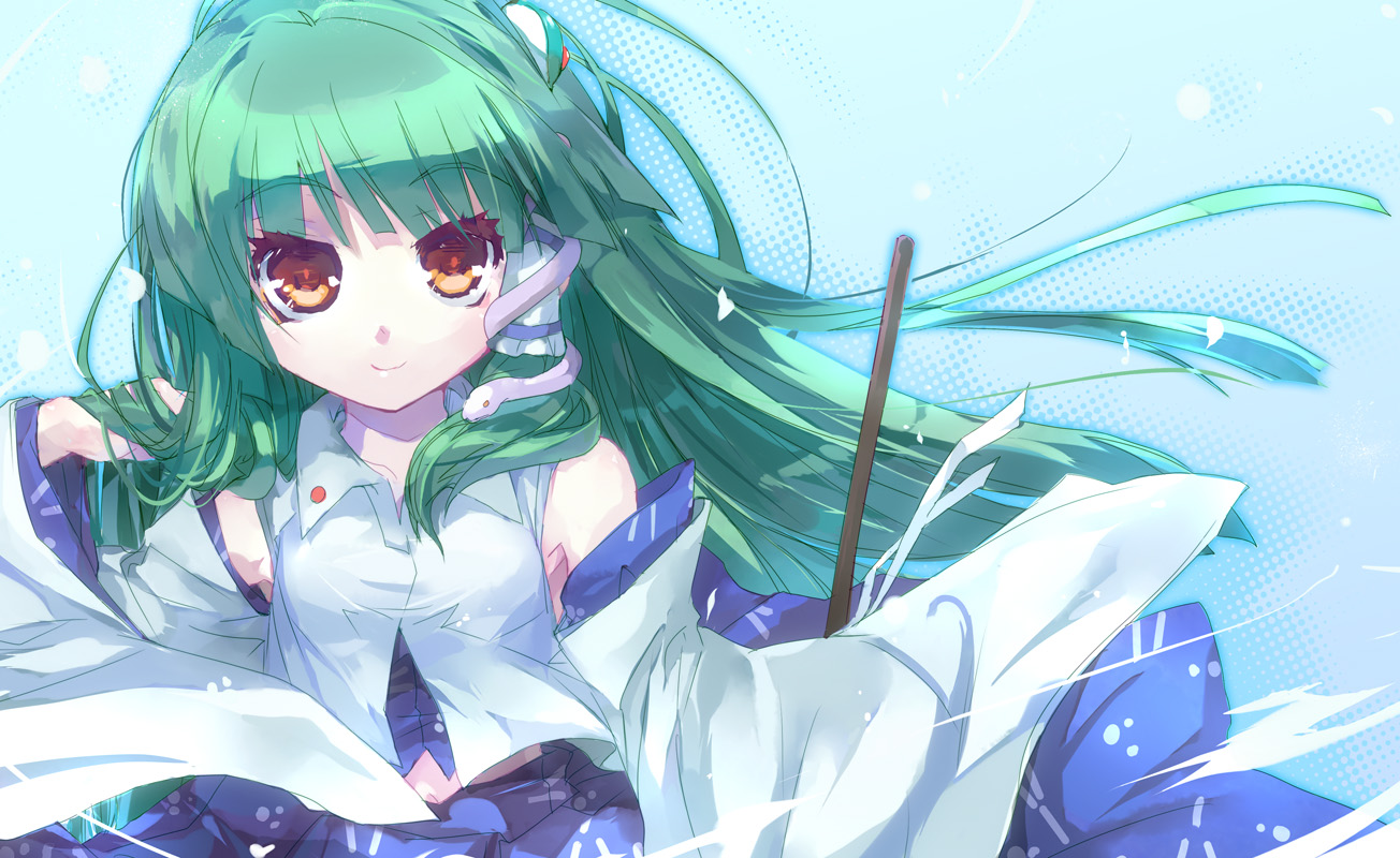 kurudaz, kochiya sanae, touhou, 1girl, detached sleeves, female focus, gohei, green hair, long hair, midriff, oonusa, orange eyes, snake, solo