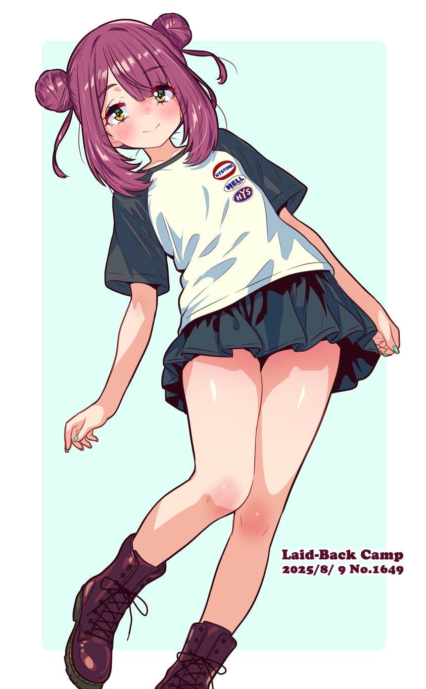 jagi (jagi souken), toki ayano, yurucamp, commentary request, highres, 1girl, 2025, black skirt, black sleeves, blue background, blunt bangs, blush, boots, border, brown eyes, closed mouth, copyright name, dated, double bun, feet out of frame, hair bun, looking at viewer, miniskirt, nose blush, outside border, pleated skirt, print shirt, purple boots, purple hair, raglan sleeves, shiny skin, shirt, short hair with long locks, short sleeves, sidelocks, skirt, smile, solo, white border, white shirt