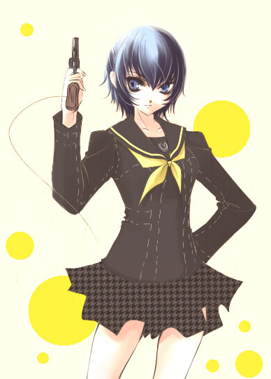 sakurasawa yukino, shirogane naoto, atlus, persona, persona 4, blue eyes, blue hair, gun, handgun, houndstooth, revolver, school uniform, serafuku, short hair, skirt, solo, weapon