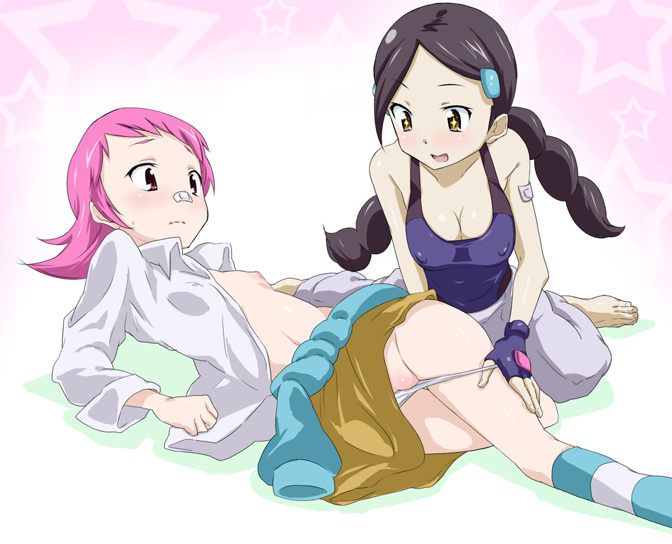 toru k, candice (pokemon), maylene (pokemon), nintendo, pokemon, pokemon dppt, bad id, bad pixiv id, + +, 2girls, age difference, assisted exposure, bandaid, barefoot, black hair, blush, braid, breasts, brown eyes, candice (pokemon) (cosplay), cleavage, clothes around waist, cosplay, costume switch, covered erect nipples, dress shirt, feet, fingerless gloves, flat chest, gloves, gym leader, hair ornament, hairclip, large breasts, loli, long hair, maylene (pokemon) (cosplay), multiple girls, nipples, no bra, older female and younger female, open clothes, open mouth, open shirt, panties, panty pull, pink eyes, pink hair, pussy, pussy peek, shirt, short hair, socks, star (symbol), striped clothes, striped socks, sweater, sweater around waist, twin braids, underwear, yuri
