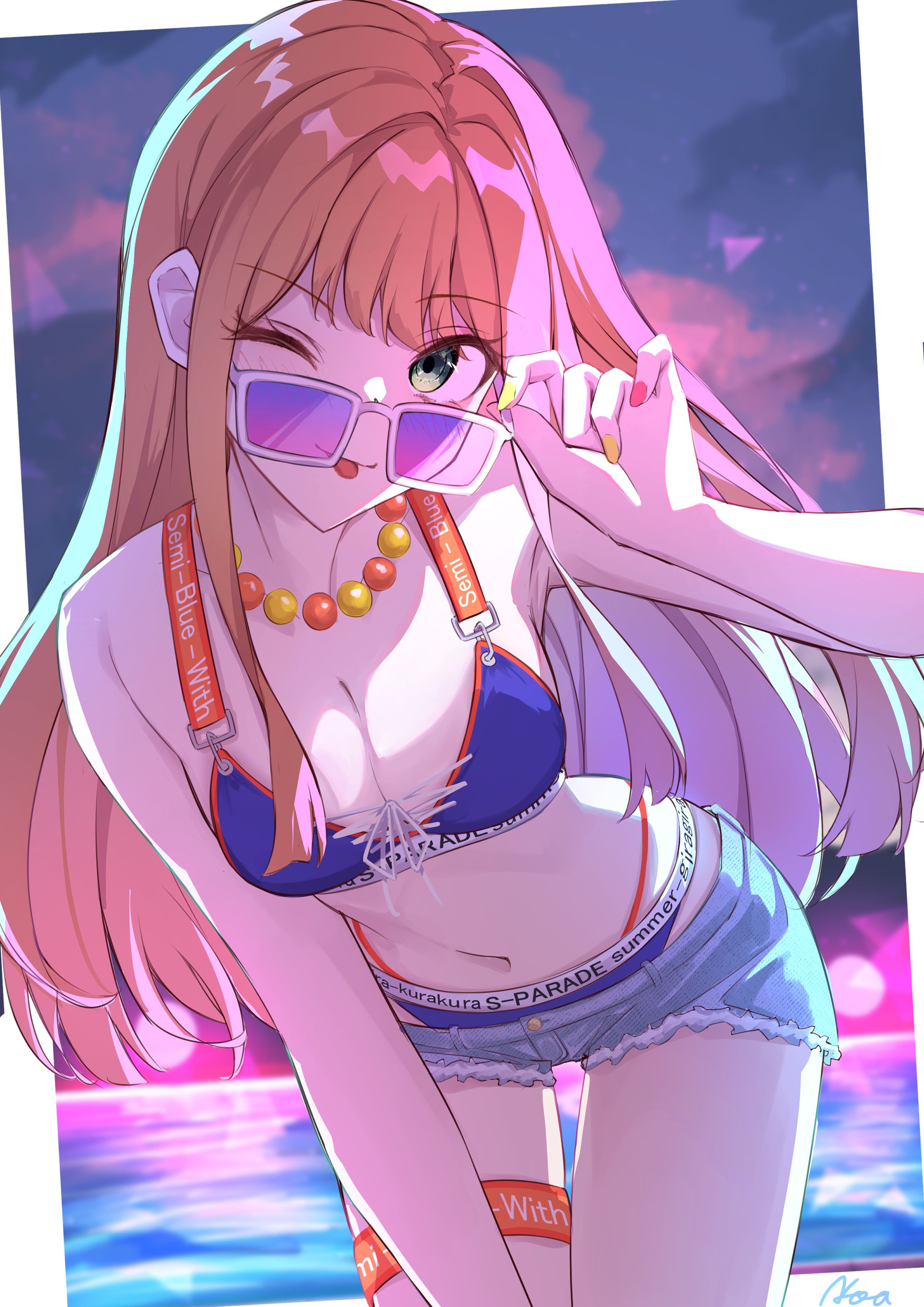 noa 82g, shiun sumika, gakuen idolmaster, idolmaster, absurdres, commentary request, highres, 1girl, ;p, bare arms, bare legs, bent over, bikini, blue bikini, blue shorts, breasts, brown hair, cleavage, denim, denim shorts, green eyes, jewelry, long hair, looking at viewer, looking over eyewear, medium breasts, micro shorts, multi-strapped bikini bottom, nail polish, navel, necklace, one eye closed, orange trim, outdoors, purple-tinted eyewear, red nails, shorts, solo, straight hair, sunglasses, swimsuit, thigh gap, thigh strap, tinted eyewear, tongue, tongue out, very long hair, white-framed eyewear, yellow nails