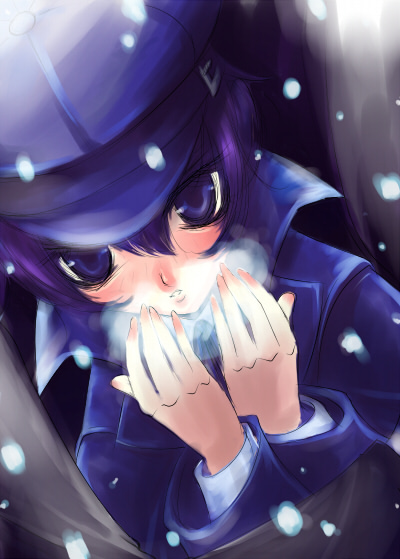 sakurasawa yukino, shirogane naoto, atlus, persona, persona 4, blue eyes, blue hair, breath, coat, cold, hat, newsboy cap, short hair, snow, solo, trench coat