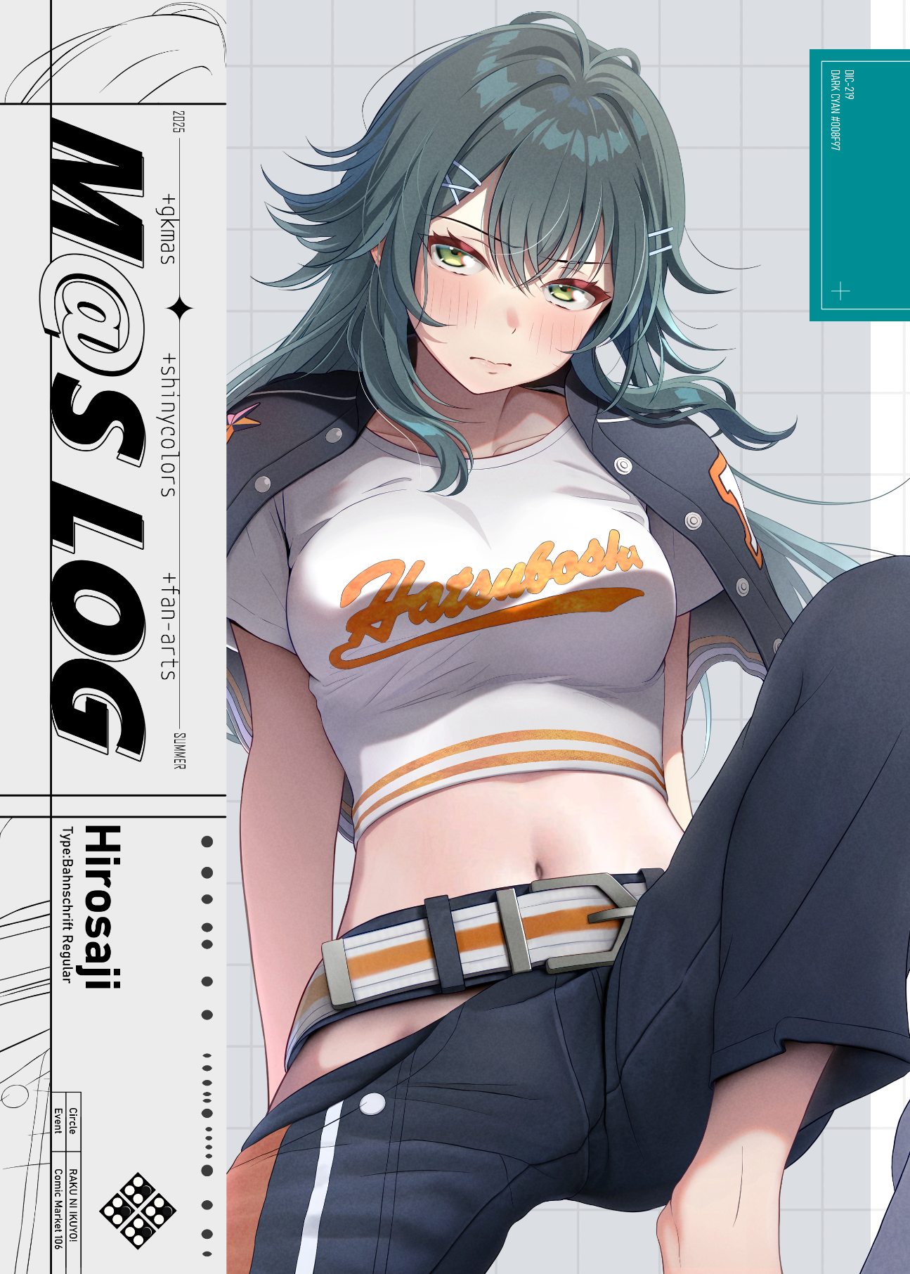 hirosaji, tsukimura temari, gakuen idolmaster, idolmaster, commentary request, highres, 1girl, barefoot, belt buckle, black hair, black jacket, black pants, blush, breasts, buckle, closed mouth, crop top, crossed bangs, embarrassed, green eyes, grey background, hair between eyes, hair intakes, hair ornament, jacket, jacket on shoulders, leg up, long hair, medium breasts, midriff, navel, open clothes, open jacket, pants, print shirt, shirt, short sleeves, solo, stomach, straight hair, white shirt, x hair ornament