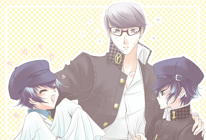 sakurasawa yukino, narukami yu, shadow (persona), shadow naoto, shirogane naoto, atlus, persona, persona 4, hand on shoulder, > <, 1boy, 2girls, :d, androgynous, blue eyes, blue hair, breasts, closed eyes, crossdressing, dark persona, dual persona, glasses, grey eyes, grey hair, hat, houndstooth, jacket, lab coat, loose clothes, loose shirt, multiple girls, necktie, newsboy cap, open mouth, school uniform, shirt, short hair, smile, xd