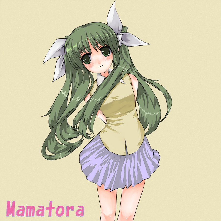 ktsecond, nogami nanoha, mama wa trouble hyoujun soubi, arms behind back, blush, green eyes, green hair, long hair, twintails